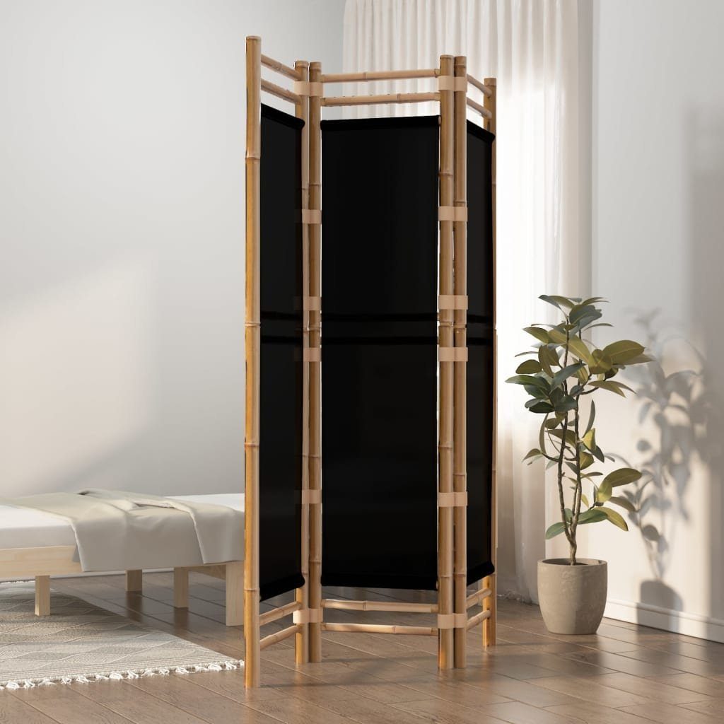 furnicato Raumteiler Bambus Paravent 120x180 cm Schwarz mit 3 Paneelen, 1-tlg., Klappbarer Sichtschutz aus Canvas für das Wohnzimmer oder den Garten