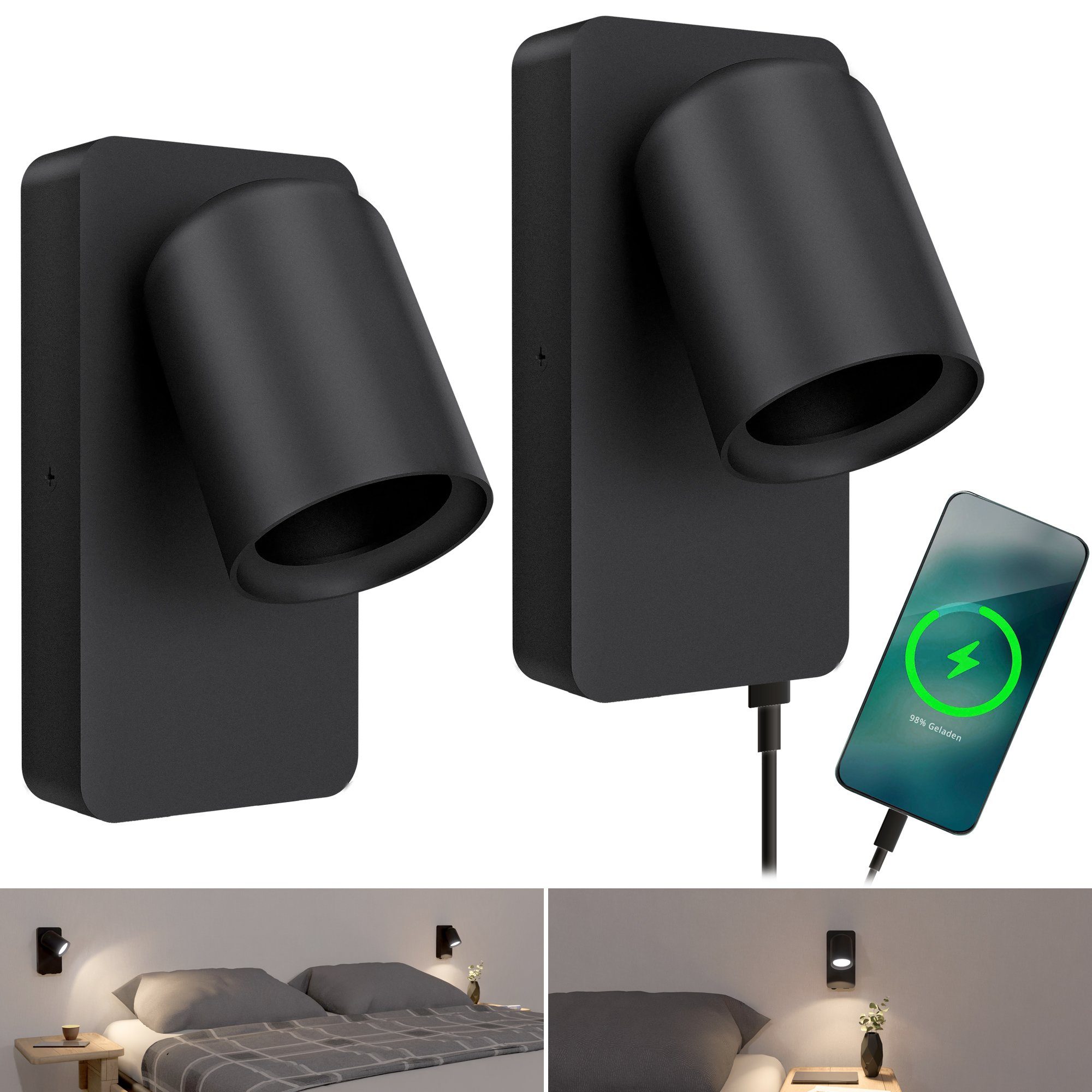 SSC-LUXon LED Wandleuchte Wandleuchte NERU 2 Stück schwarz drehbar USB Anschluss GU10