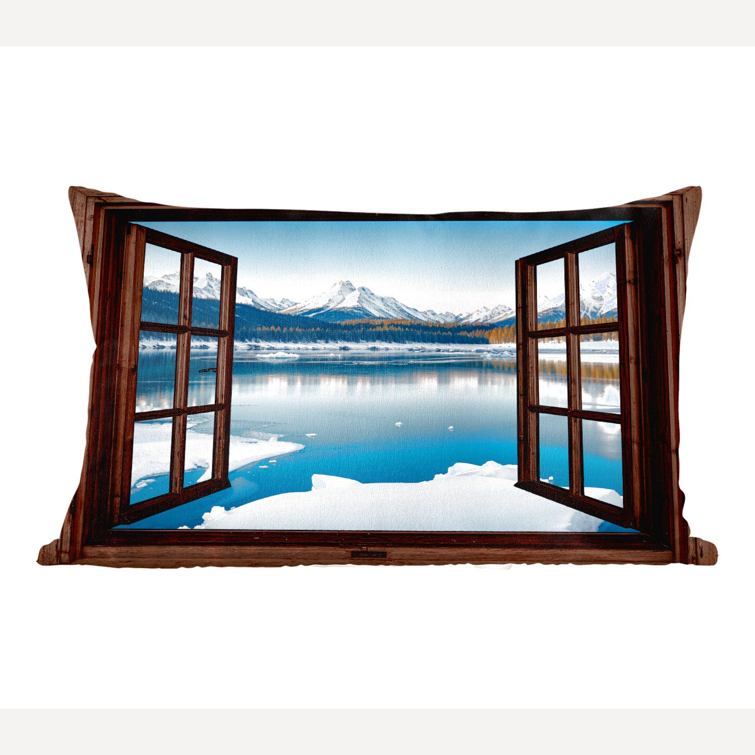 MuchoWow Dekokissen Durchblick - Winterlandschaft - See - Berge - Ausblicke, Dekoration, Zierkissen, Kissen mit Füllung, 50x30 cm