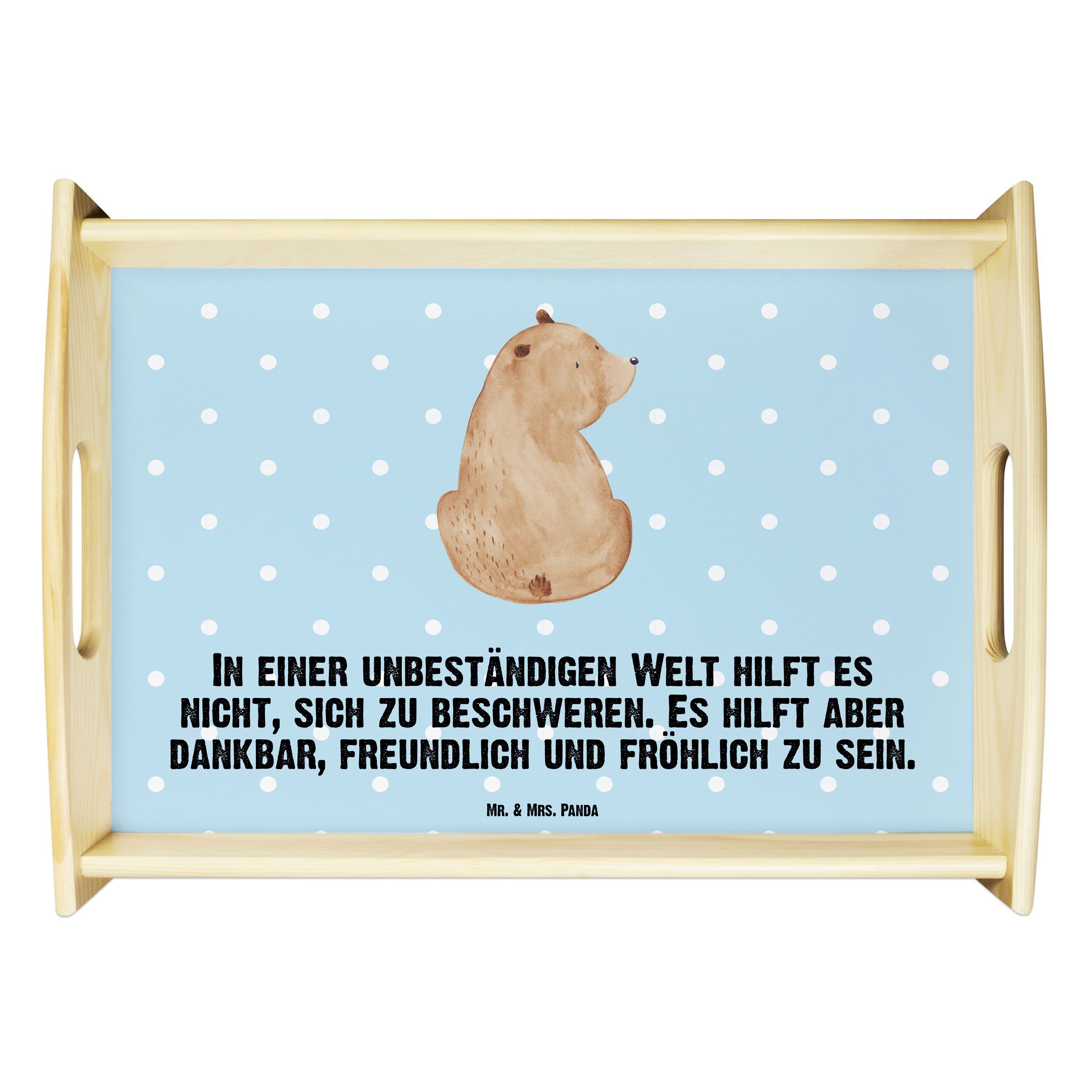 Mr. & Mrs. Panda Tablett Bär Schulterblick - Blau Pastell - Geschenk, Teddybär, Dekotablett, T, Echtholz lasiert, (1-tlg) | Tabletts