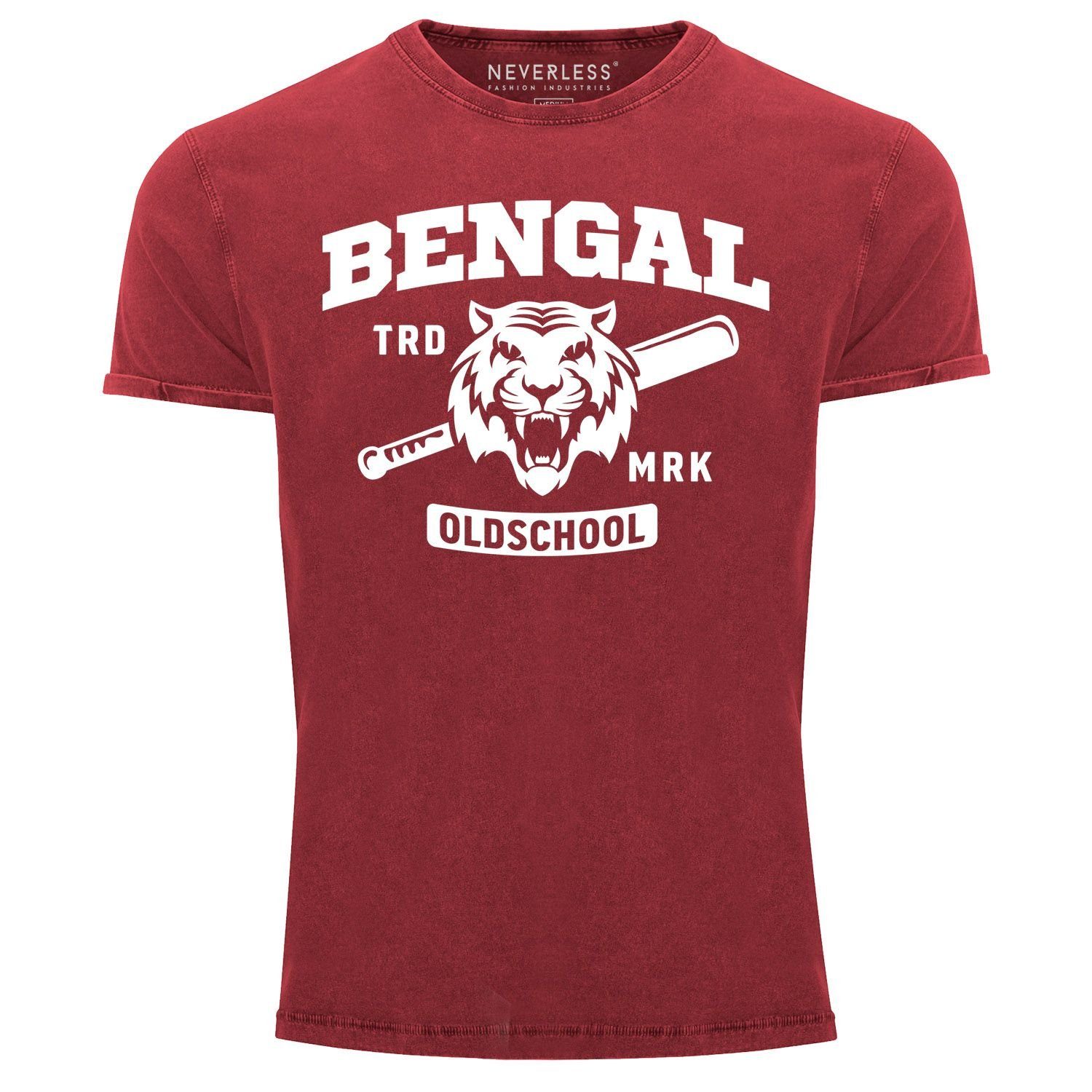 Herren Printshirt Print Aufdruck Vintage T-Shirt mit Neverless Fit Bengal Shirt Neverless® Print-Shirt USA rot Tiger Baseball Slim Look Sport Used