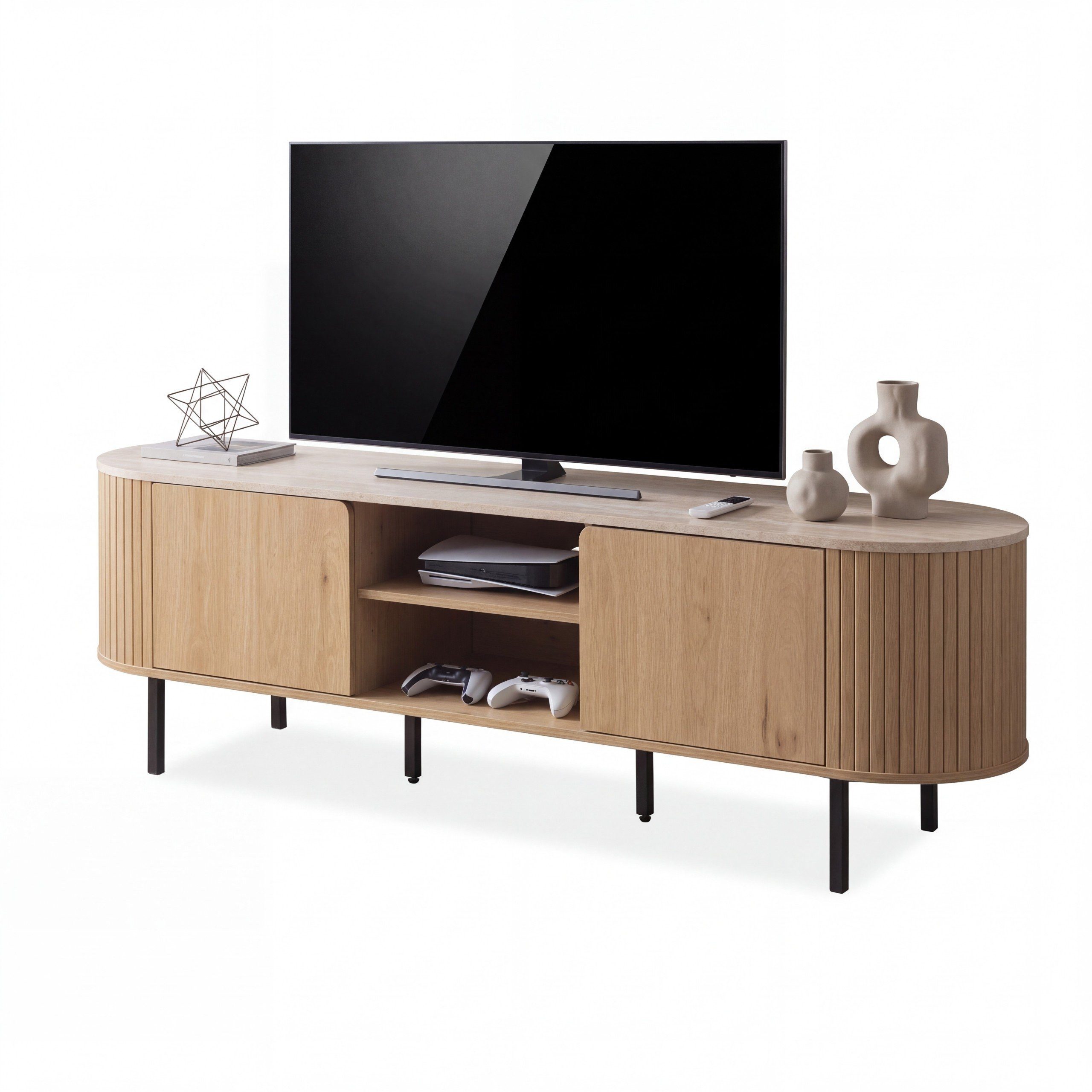 Newroom TV-Board Eiche Travertin-Optik 160 cm, Lowboard TV-Schrank mit 2 Türen, offenen Fächern und Push-to-open