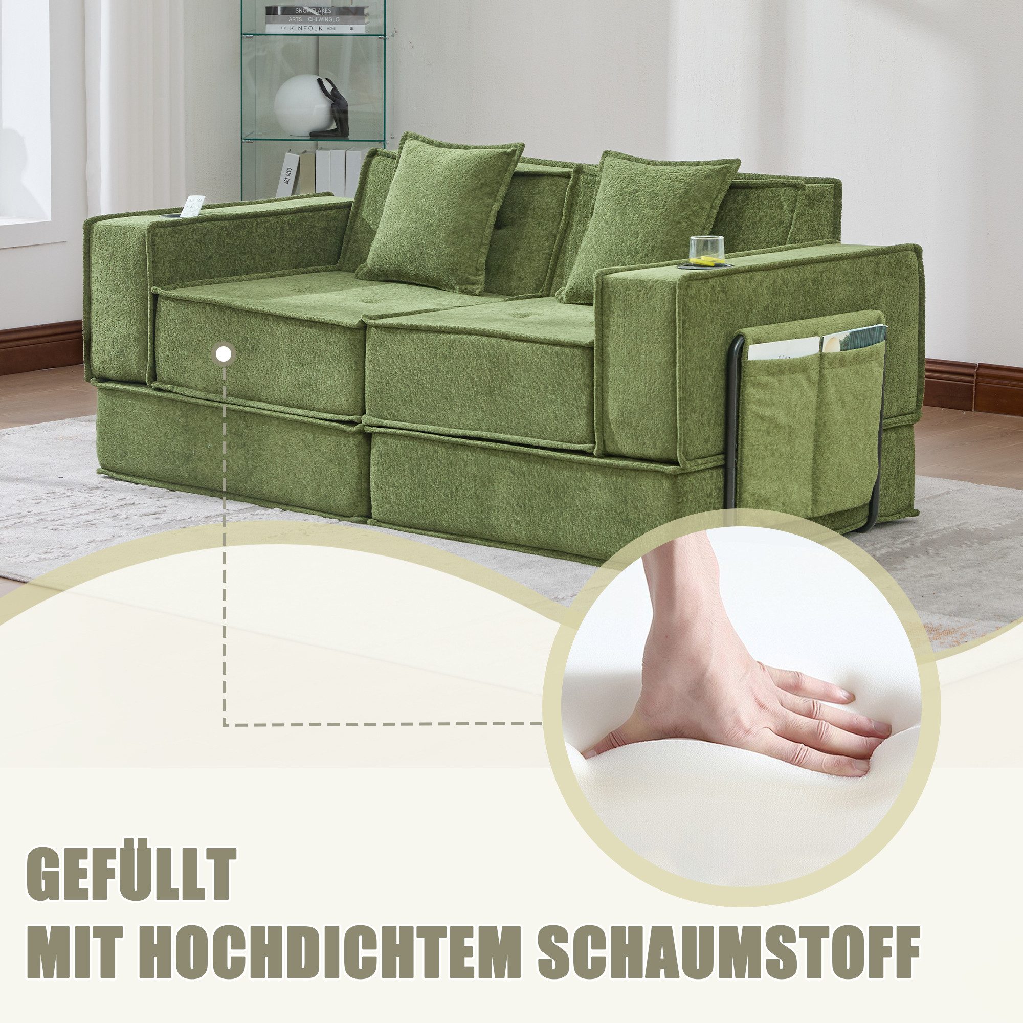 REDOM Sofa Zweisitzer aus Stoff mit 2 Kissen, Doppelschlafsofa inkl. Fußhocker mit Stauraum und Getränkehaltern, Loungesofa Ecksofa
