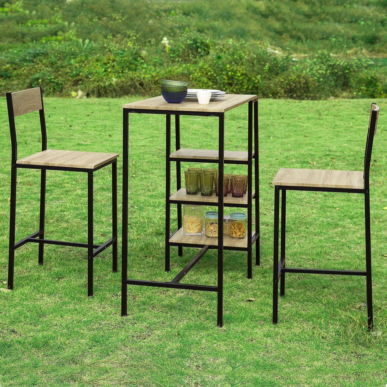 SoBuy Bartisch OGT16, 3-teilig Sitzgruppe mit Stühle Stehtisch Küchentisch 2 3 mit Ablagen