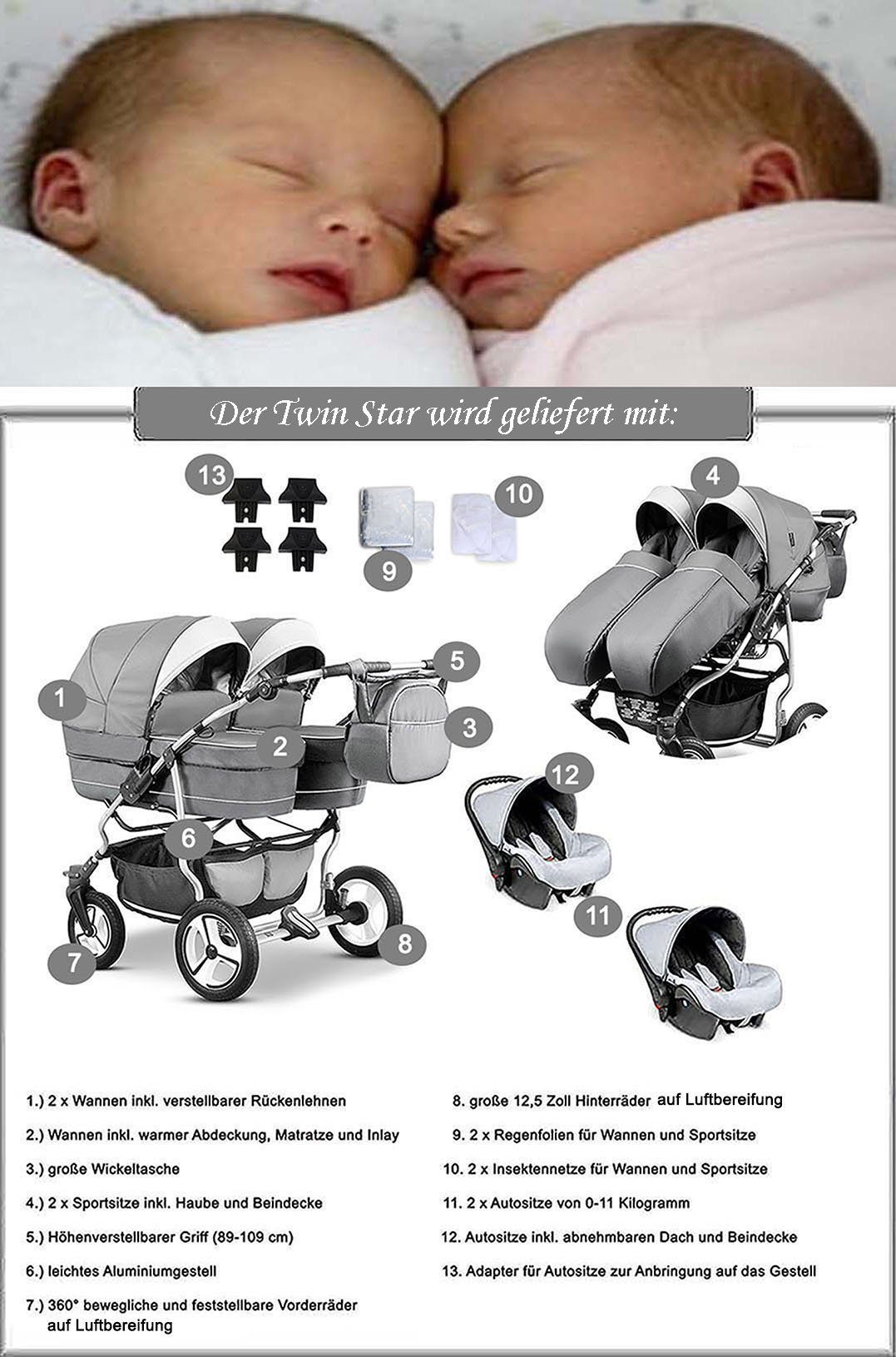 BabyMerc Zwillings-Kombikinderwagen Twin Star 4 in 1 inkl. Sportsitze, Autositze und Zubehör in 16 Farben