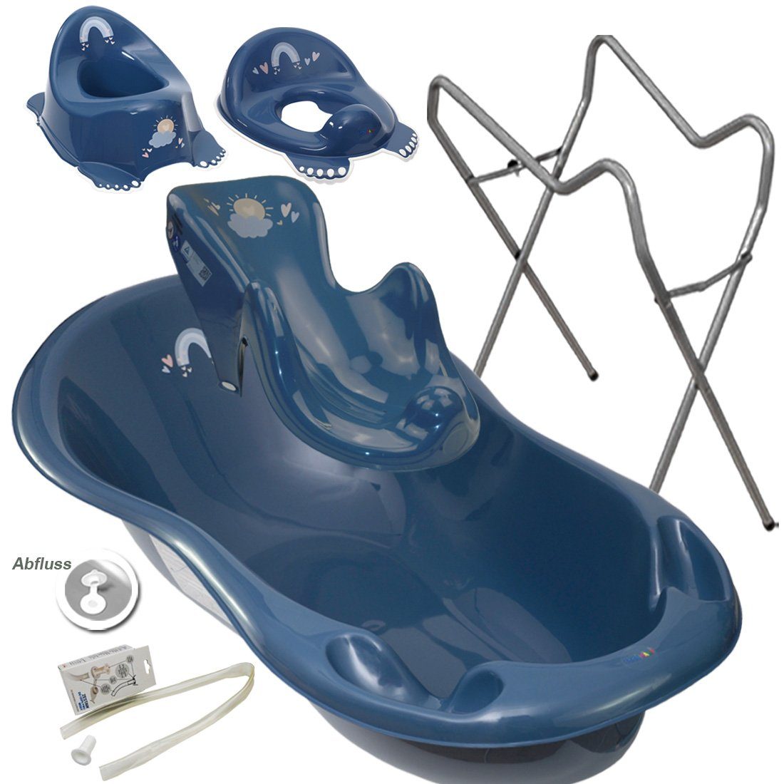 Blau Europe + 5 Ständer Ablauf WC -Abflussset (Made Aufsatz Teile Babybadewanne SET Babybadeset, Töpfchen Ständer + AB- in Grau + Sitz Premium.set), + METEO + Set+ Tega-Baby Wanne