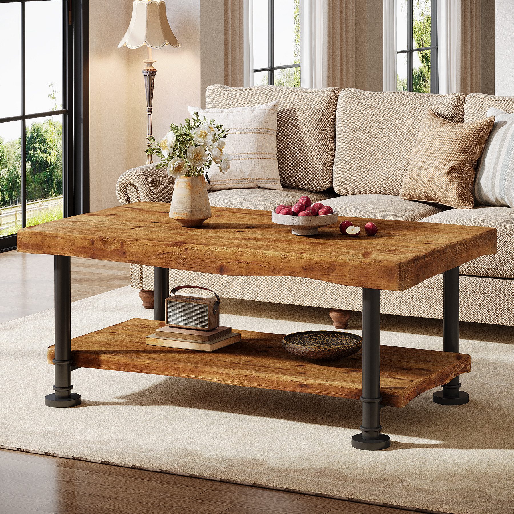 Tribesigns Couchtisch 120 cm, Beistelltisch aus Massivholz mit naturbelassenen Kanten