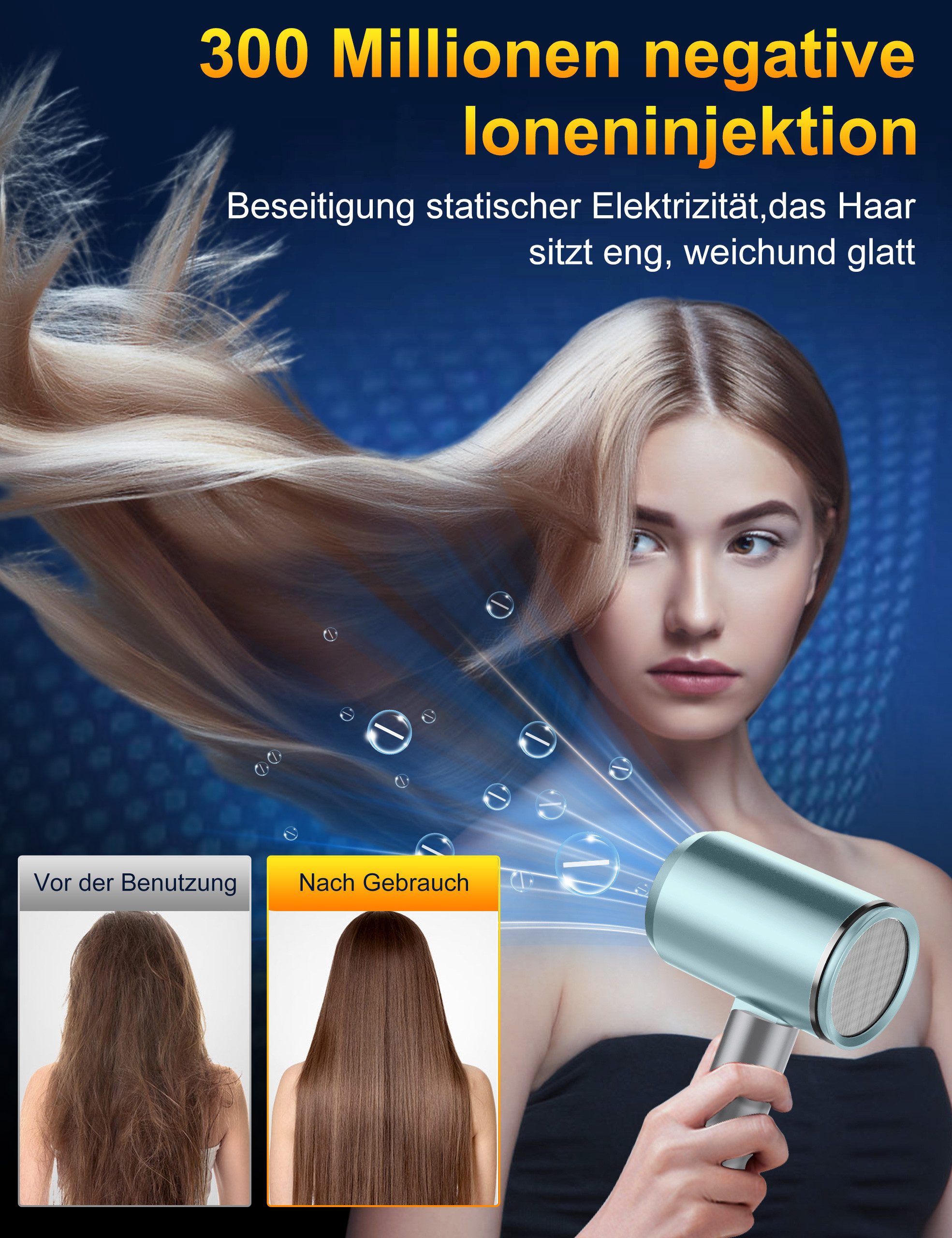 OYLCDI Haartrockner Föhn Ionen,klappbar, Weihnachtsgeschenk, Hair Dryer, 2400 W, mit 3 Stylingdüsen & 6 Temperatureinstellungen,Klappbar Haartrockner, Hairdryer – Bild 4 von 5