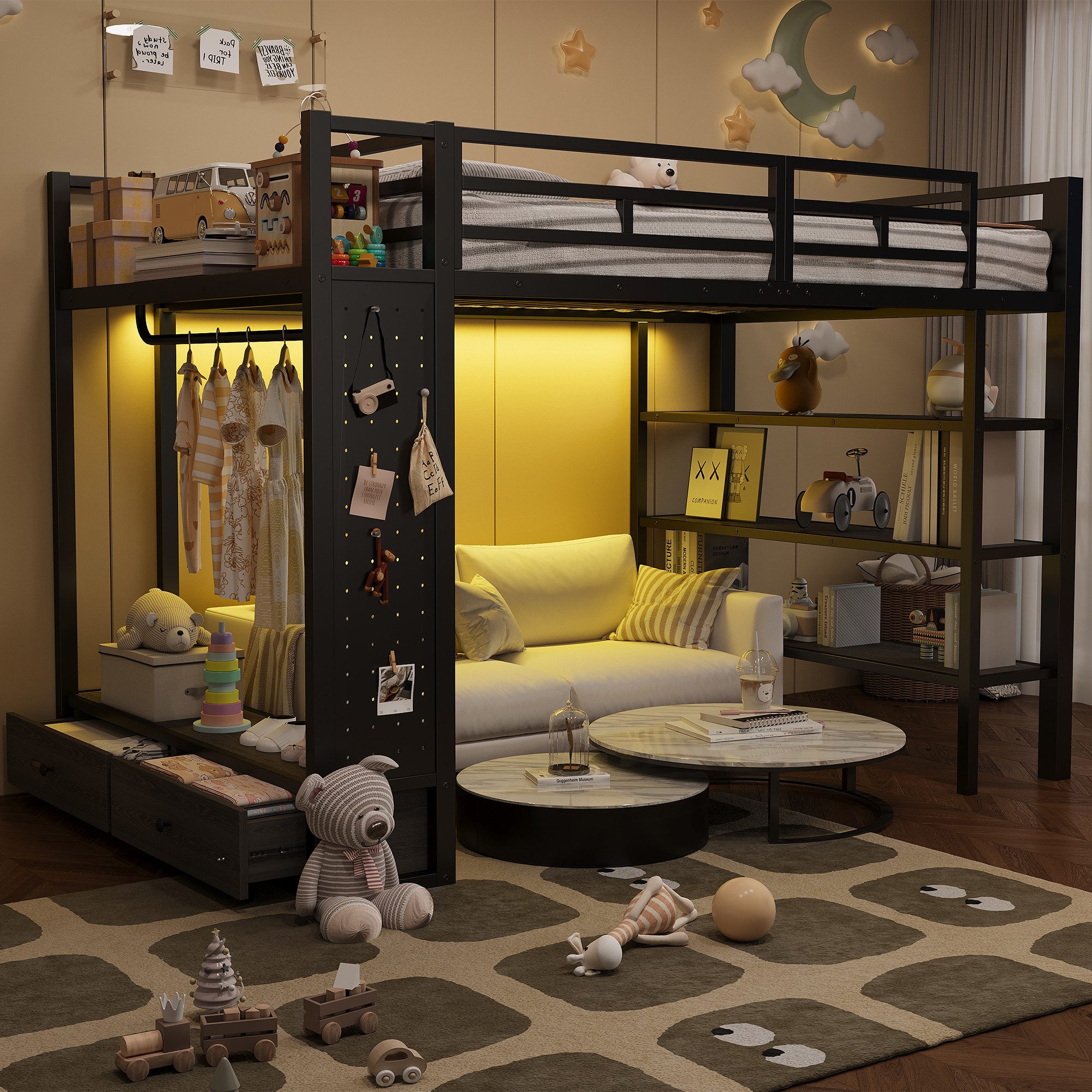 Merax Hochbett 140x200cm mit LED-Beleuchtung (Jugendbett Metallbett Loftbett, 1-St) Kinderbett mit offenem Kleiderschrank,Ablagefächern,Lochwand,Stauraum