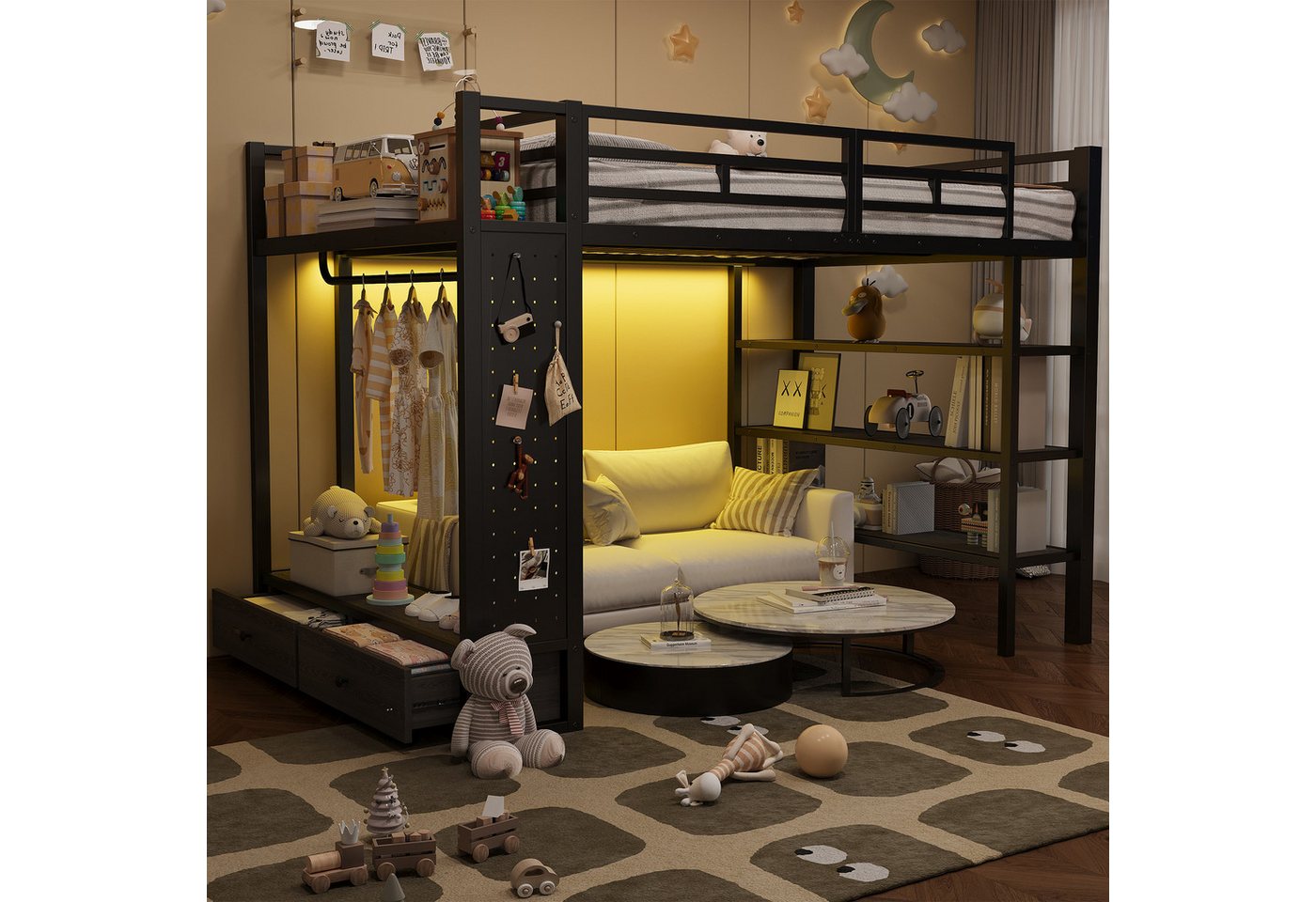 Merax Hochbett 140x200cm mit LED-Beleuchtung (Jugendbett Metallbett Loftbett, 1-St) Kinderbett mit offenem Kleiderschrank,Ablagefächern,Lochwand,Stauraum