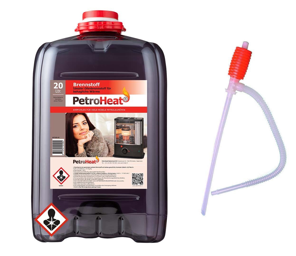 PetroHeat Petroleum 20 Liter Brennstoff Petroleum-Heizung, mobile Petroleumöfen gerusarm für mit Petroleumofen, Handpumpe, für
