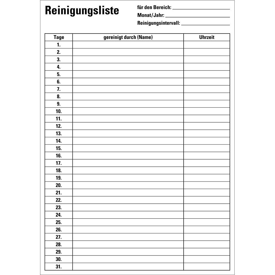 König Werbeanlagen Hinweisschild Reinigungsliste, zum Nachweis vorgegebener Reinigungen, Papier, 12/VE