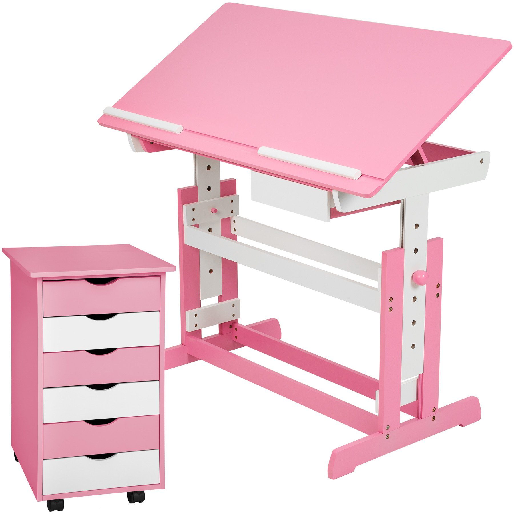 und Schreibtisch Rollcontainer 2 (1-St., Kinderschreibtisch höhenverstellbar rosa tlg) tectake