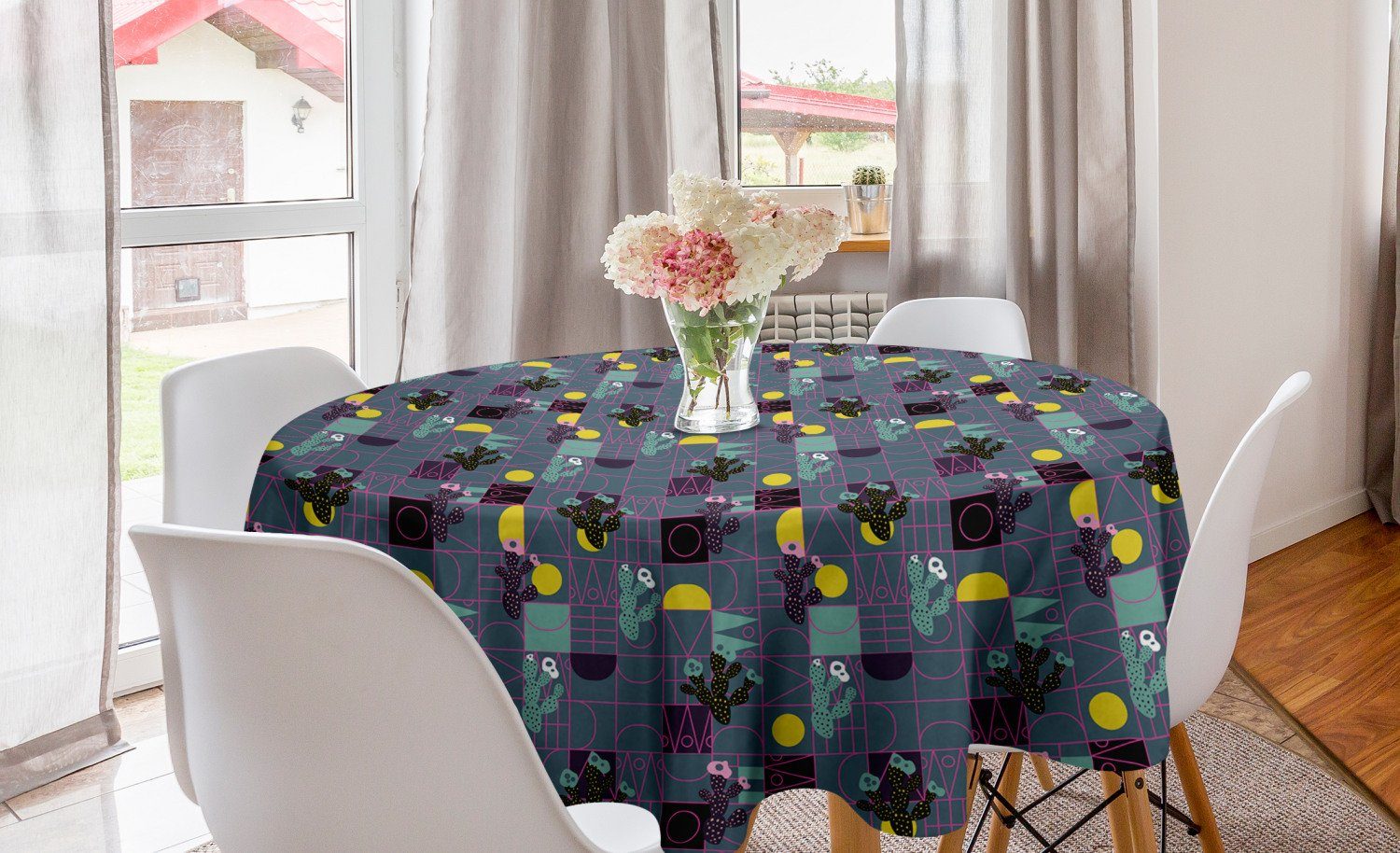 Abakuhaus Tischdecke Kreis Tischdecke Abdeckung für Esszimmer Küche Dekoration, Geometrisch Cacti mit modernen Themen