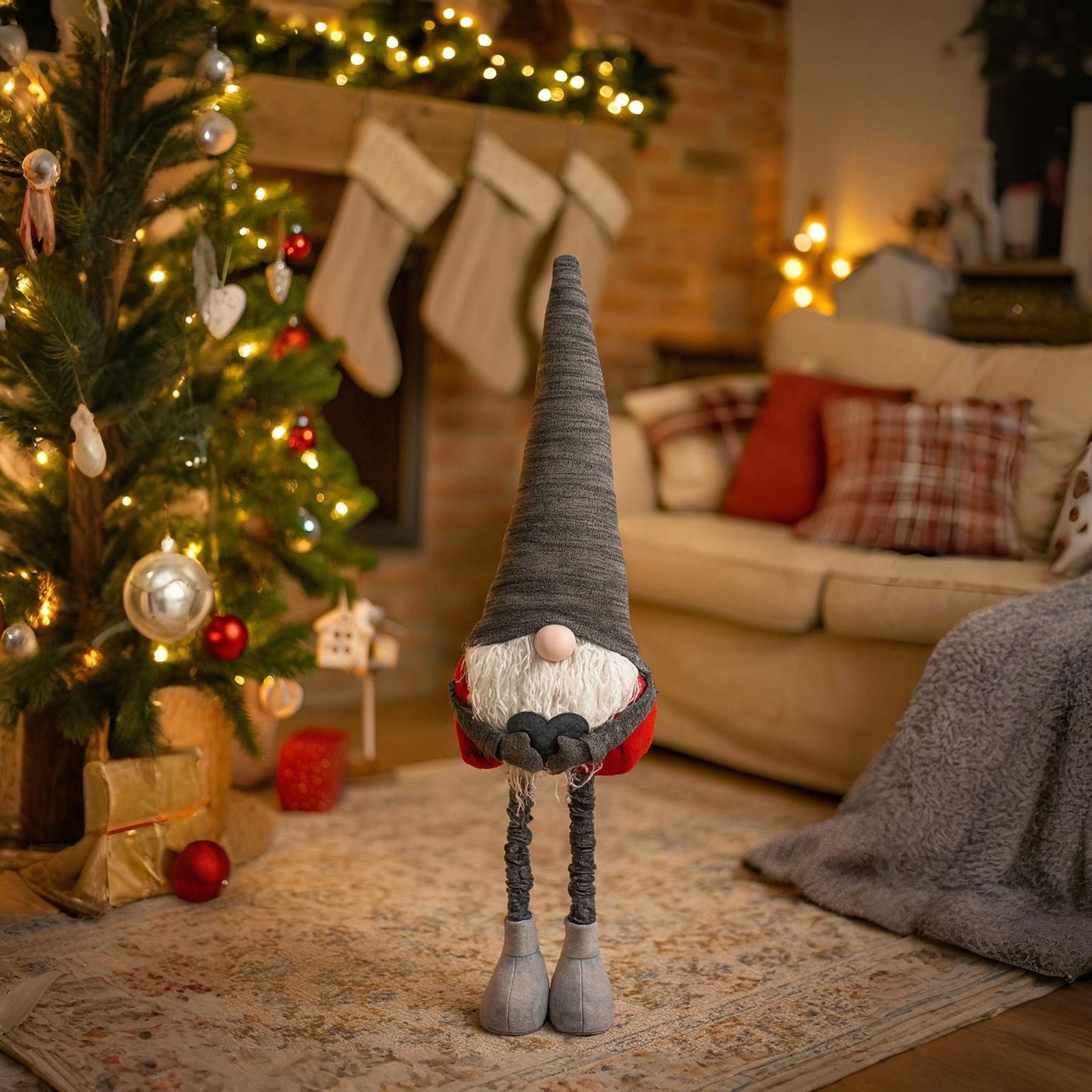 BURI Dekofigur Deko-Wichtel mit Mütze und Teleskopbeinen 84cm Weihnachtswichtel
