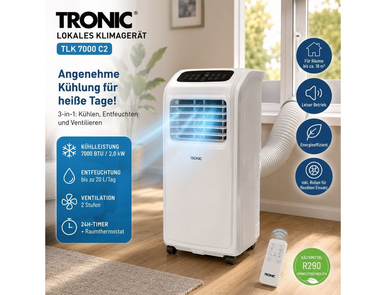 Tronic 3-in-1-Klimagerät Lokales Klimagerät 3in1 Kühlen, Luftentfeuchten,Ventilieren (7000 BTU)