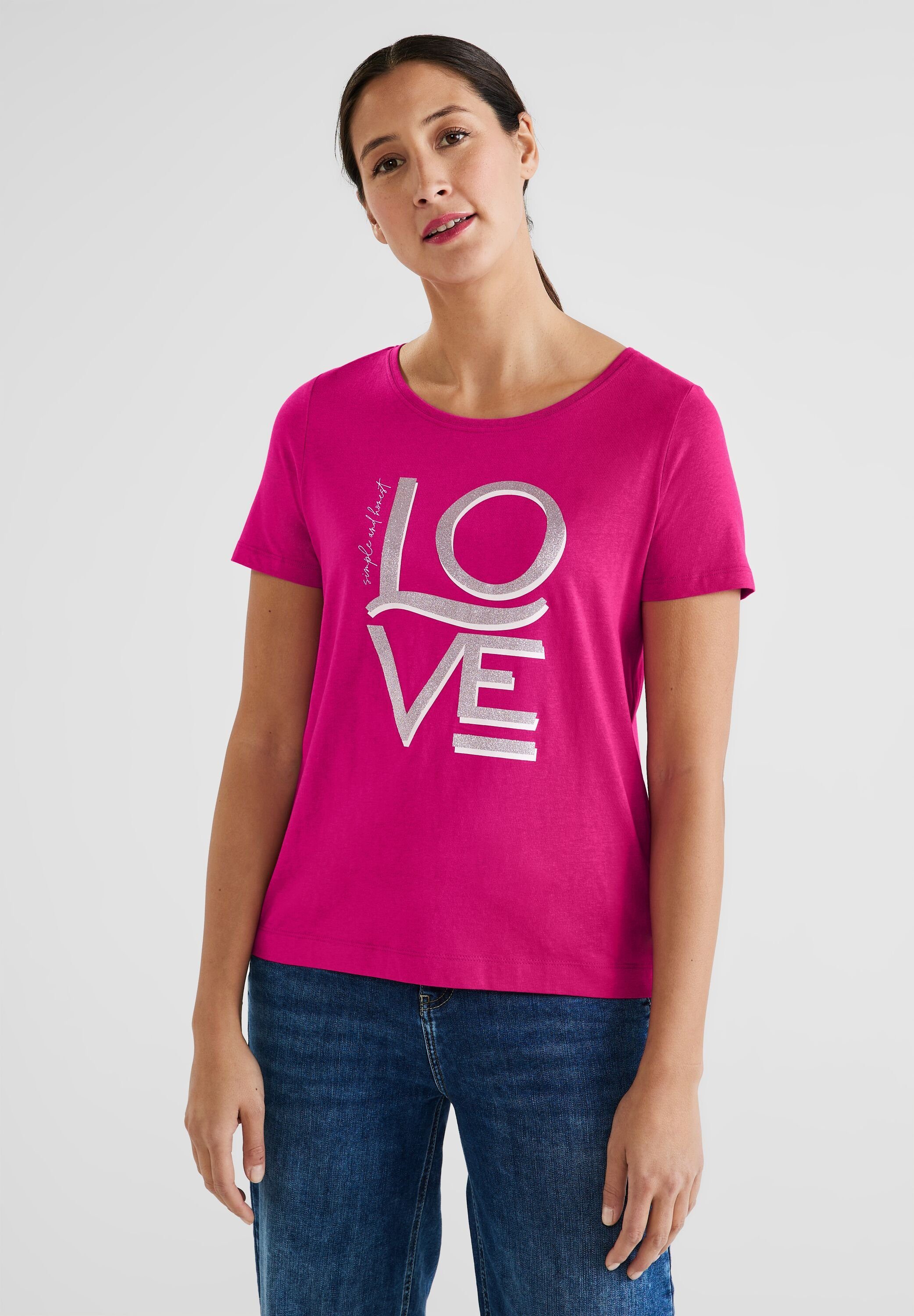 STREET ONE T-Shirt mit schimmerndem Schriftzug pink nu