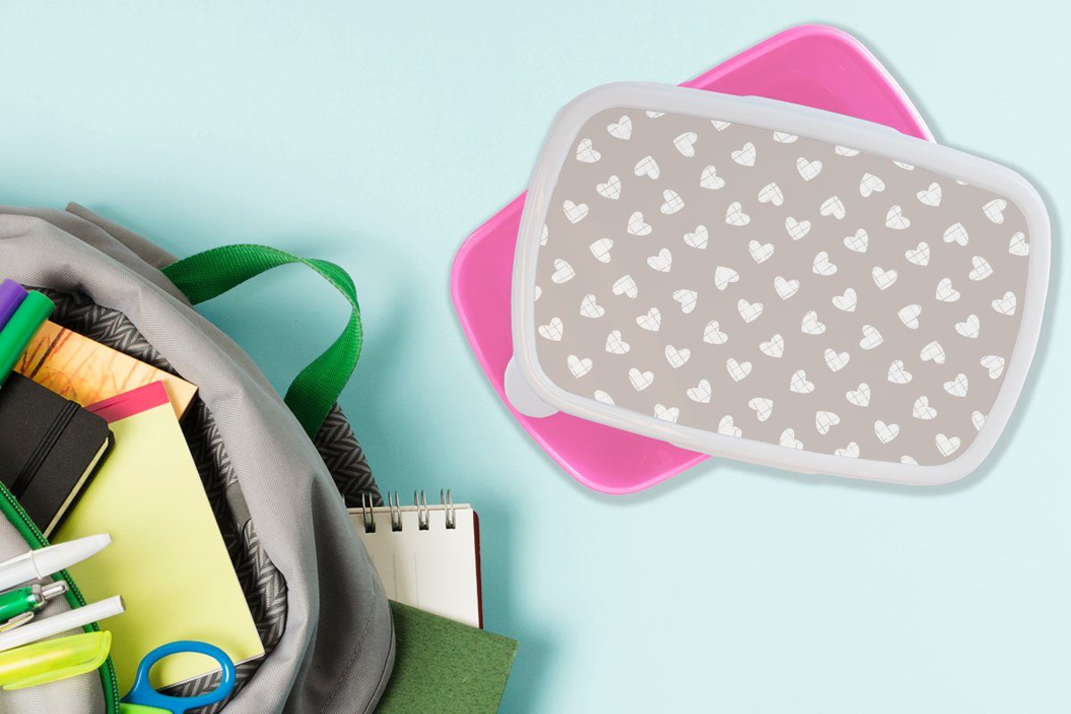 Mädchen, - Brotbox Kunststoff Design Brotdose Grau, für Kunststoff, Lunchbox Erwachsene, Herz - MuchoWow (2-tlg), rosa Linie Muster - Kinder, Snackbox, -