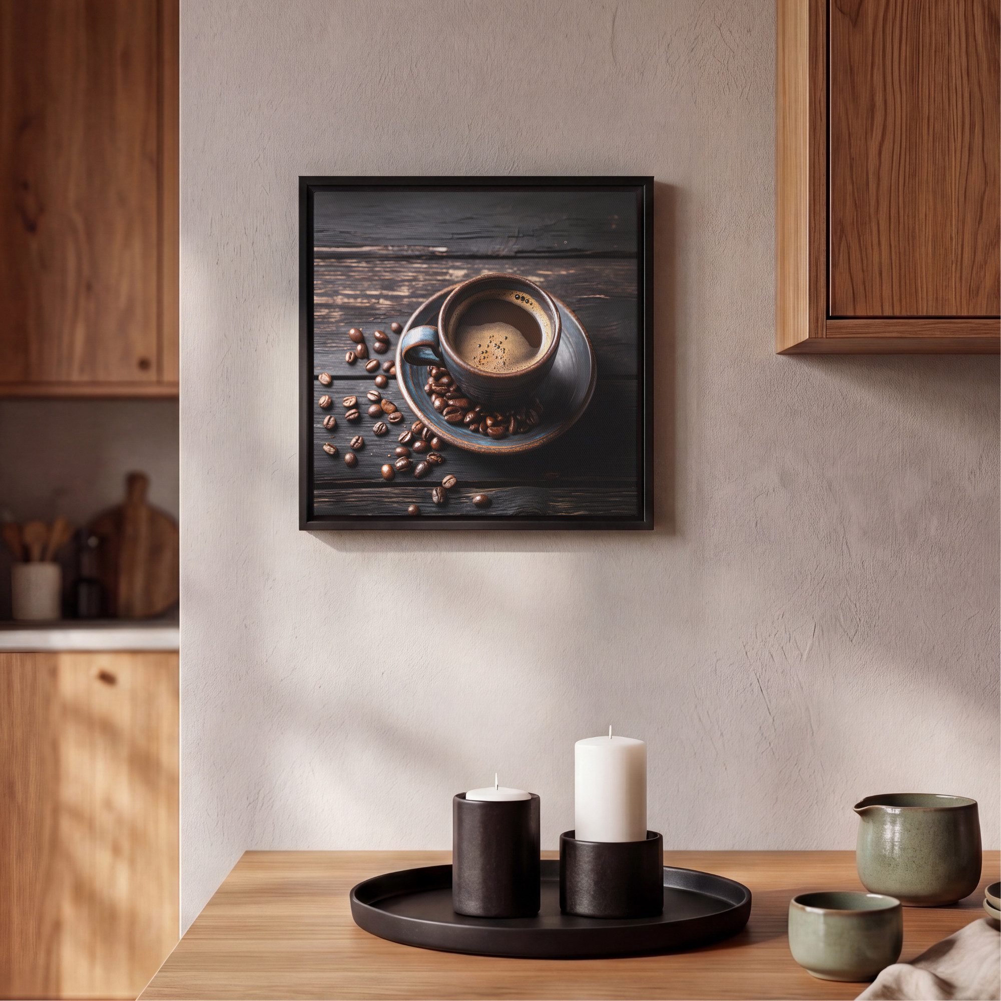 OneMillionCanvasses® Leinwandbild mit Rahmen - Tasse - Kaffee - Holz - Bohnen, Fotodruck (1 St), Wandbilder für Esszimmer, Wanddeko Bilder Küche, 20x20cm – Bild 2 von 5