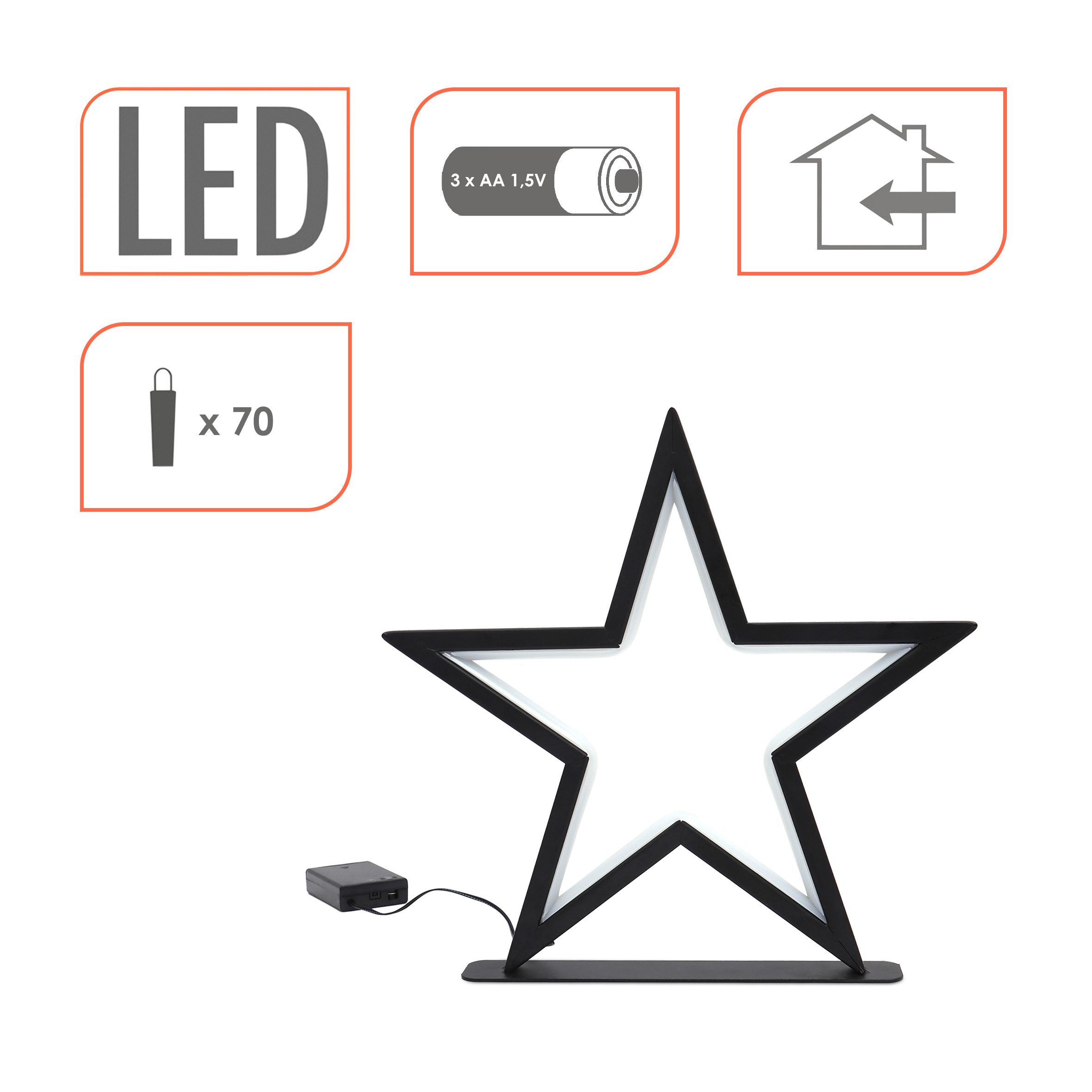 Spetebo LED-Dekofigur Metallstern schwarz 34 cm warm weiß (LED Stern, 1 St., Stern mit 70 LED), mit AN- / AUS-Schalter am Batteriefach