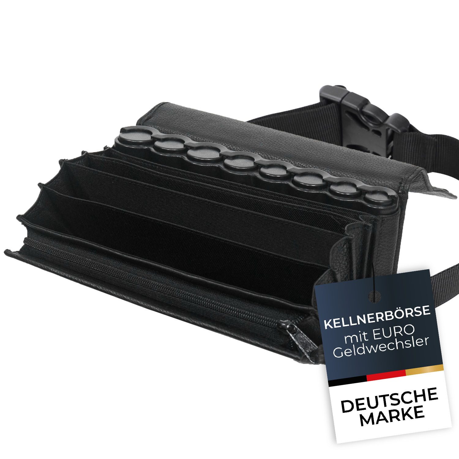 HMF Kellnerbörse Hochwertige Kellnertasche aus Echtleder (inkl. Hüftgurt mit Clipverschluss), Kellnerbörse mit Euro Geldwechsler, 20,5 cm x 7,0 cm x10,0 cm, schwarz