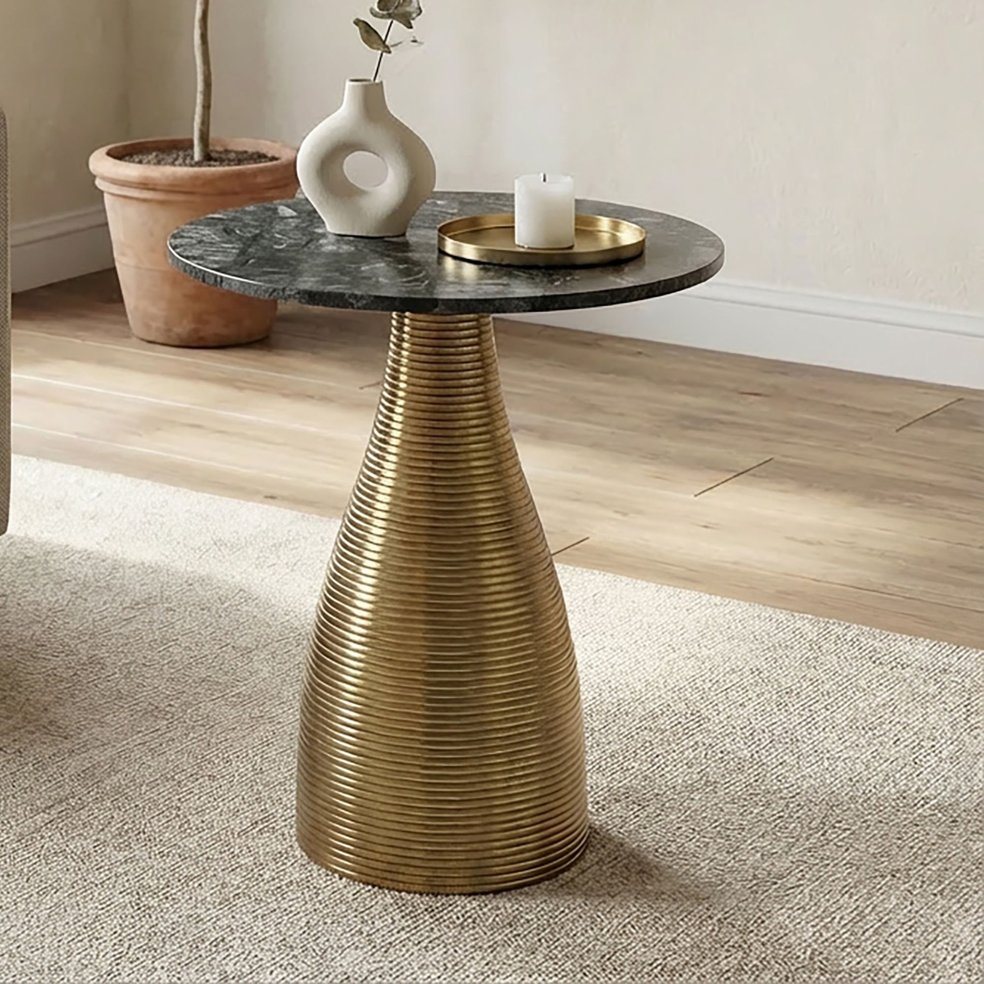 FINEBUY Beistelltisch FB77368 Wohnzimmertisch Rund Marmorplatte Grün Anstelltisch Couchtisch (Skulpturale Metallbasis mit feiner Struktur), Eleganter Naturstein für Dein Zuhause