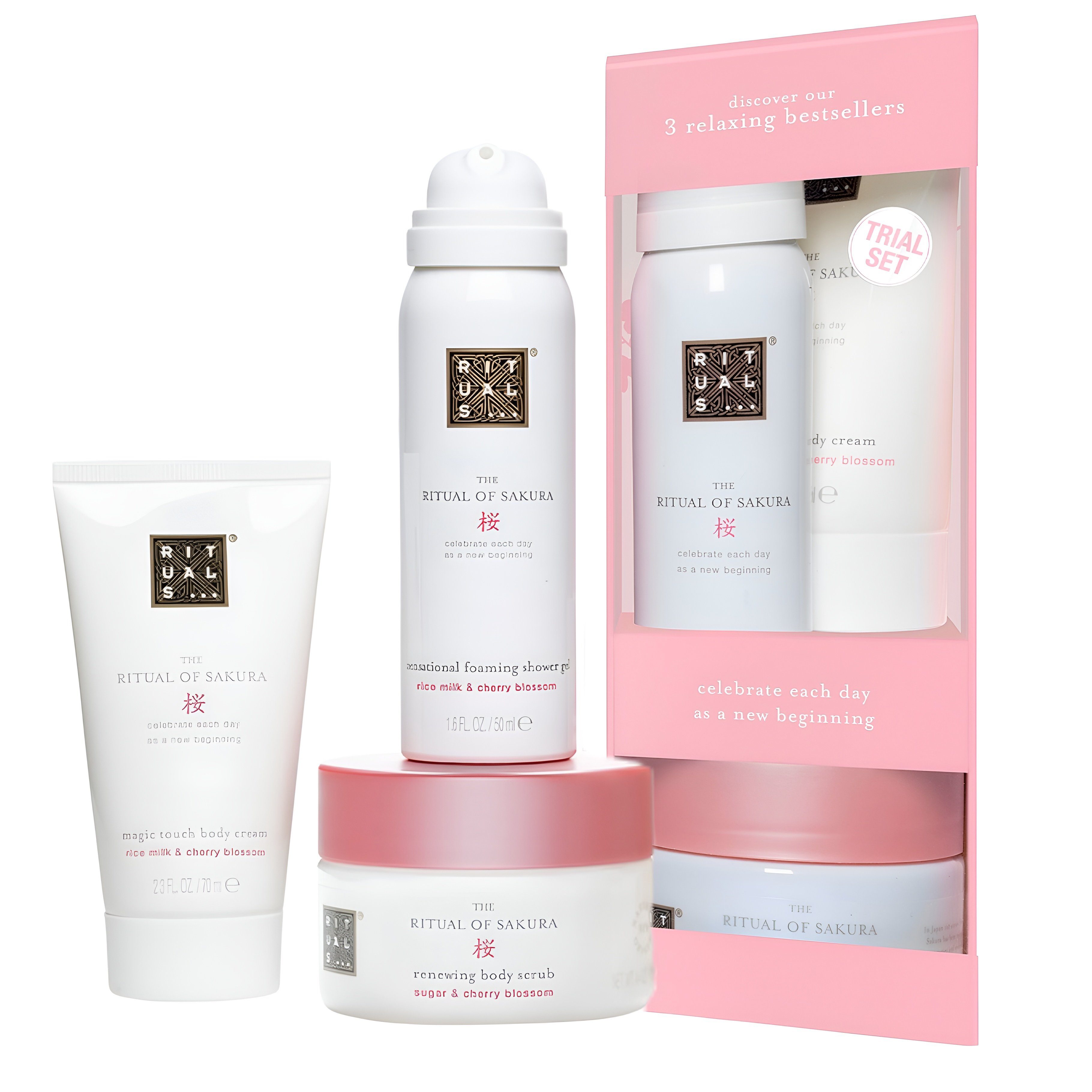 Rituals Pflege-Geschenkset Rituals Wellness The Ritual of Sakura Try Me Set für Frauen Geschenkbox Damen & Herren Wellness Körperpflege Beauty Set, 3-tlg., Kirschblüte und Reismilch für zarte Haut.