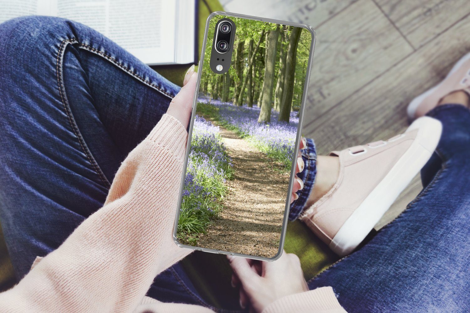 MuchoWow Handyhülle für Huawei P20 Wald - Weg - Blumen - Lila - Grün - Natur, Handy Case, Silikon, Bumper Case Dünn