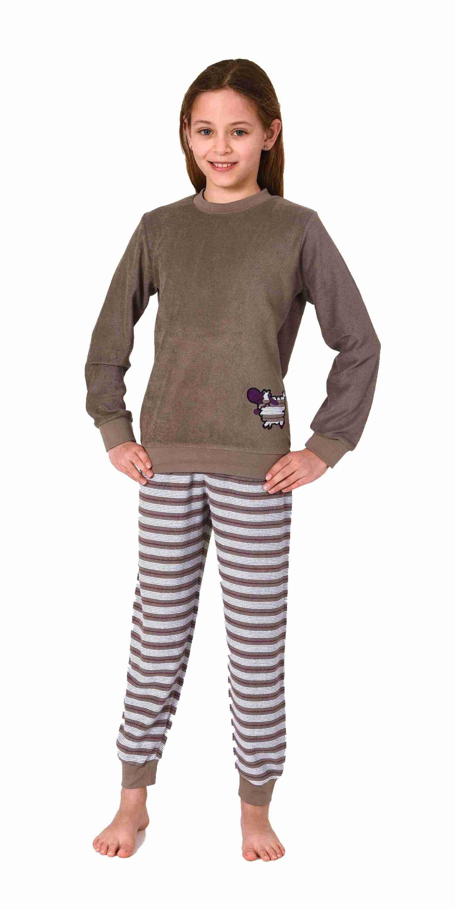 Normann Pyjama Mädchen langarm Frottee Schlafanzug mit Bündchen und süssen Tiermotiv grau