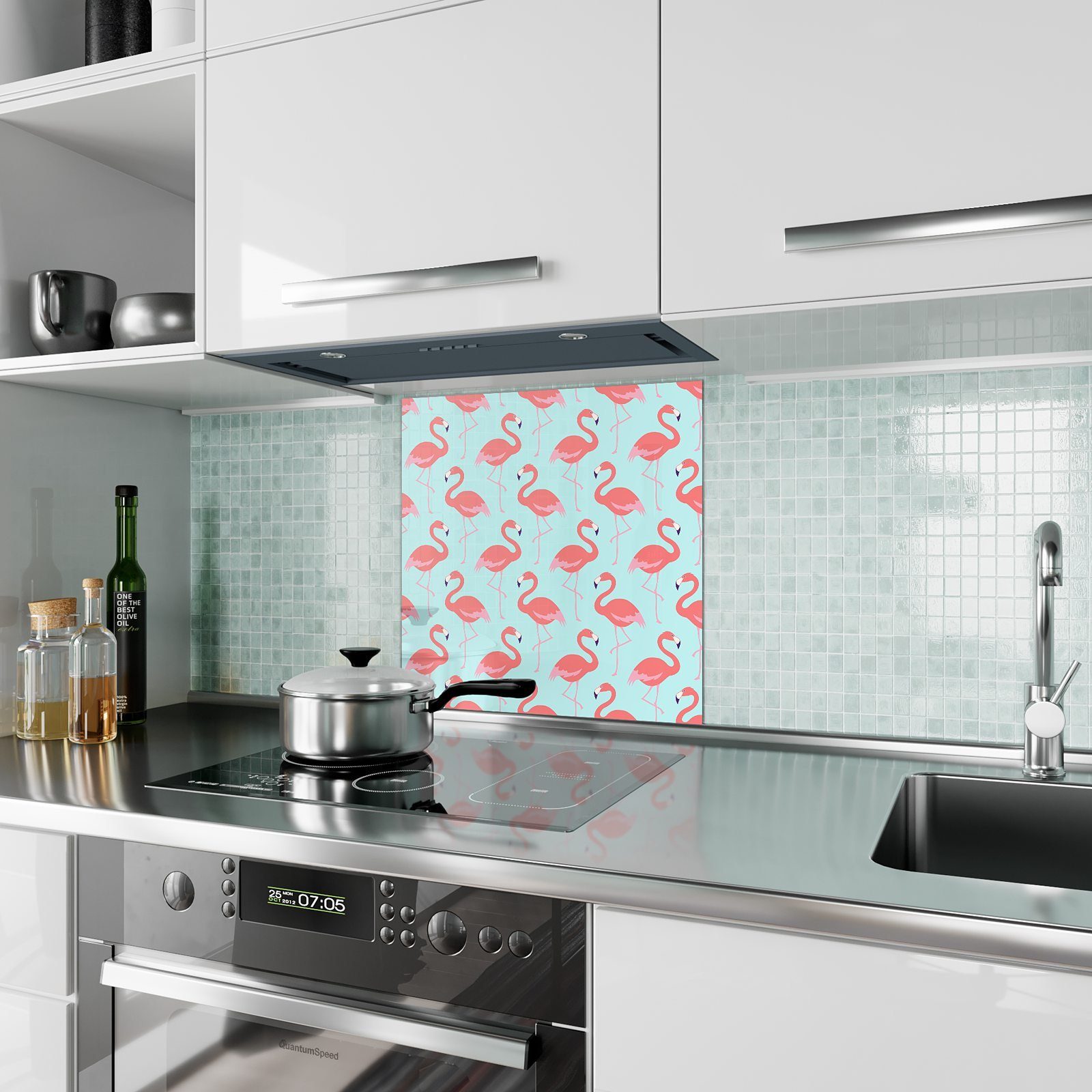Spritzschutz mit Küchenrückwand Motiv Flamingos Primedeco Küchenrückwand Glas