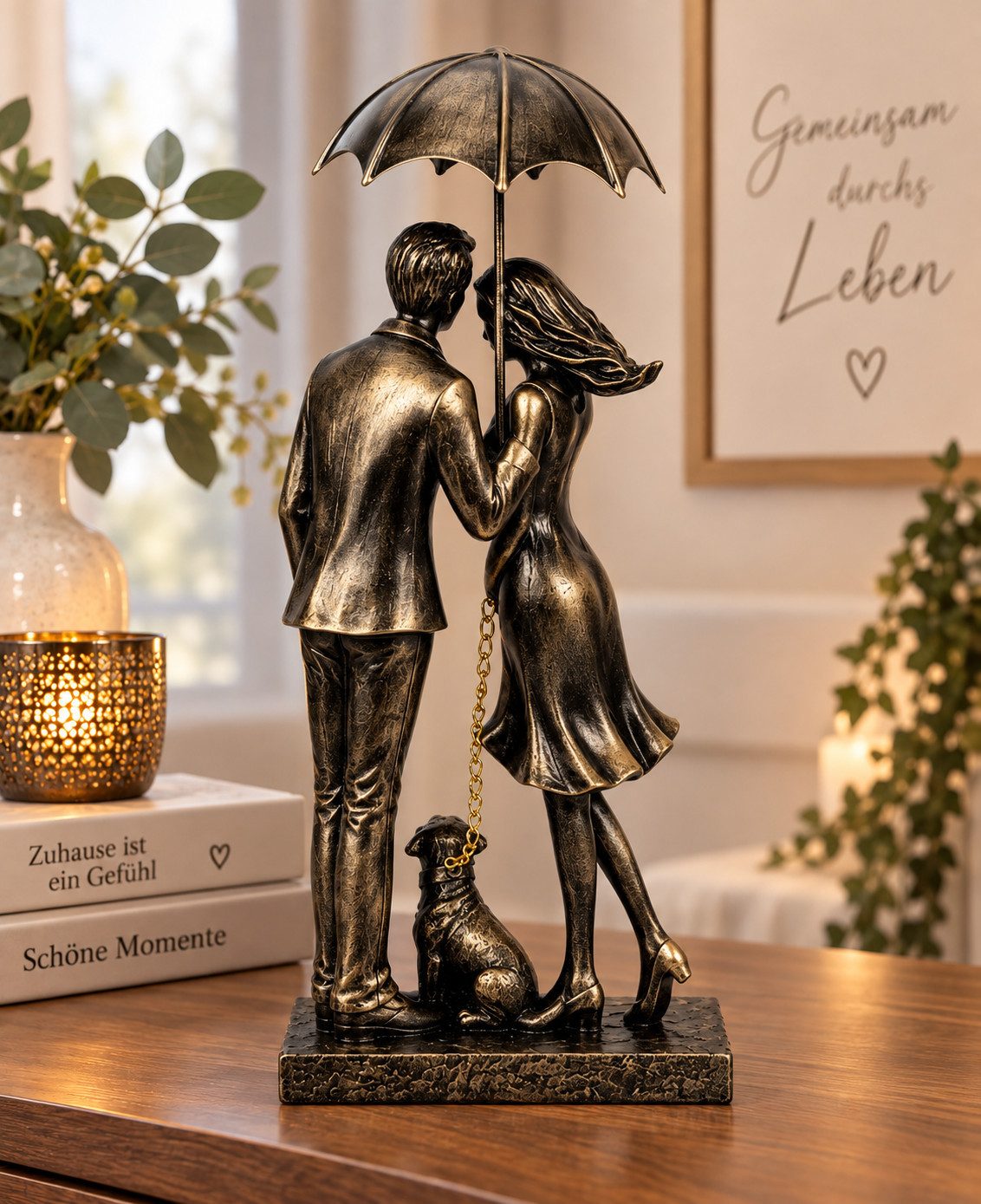 MF Dekofigur Dekofigur Paar mit Hund unter Regenschirm Gold Schwarz 32cm (1 St) – Bild 3 von 5