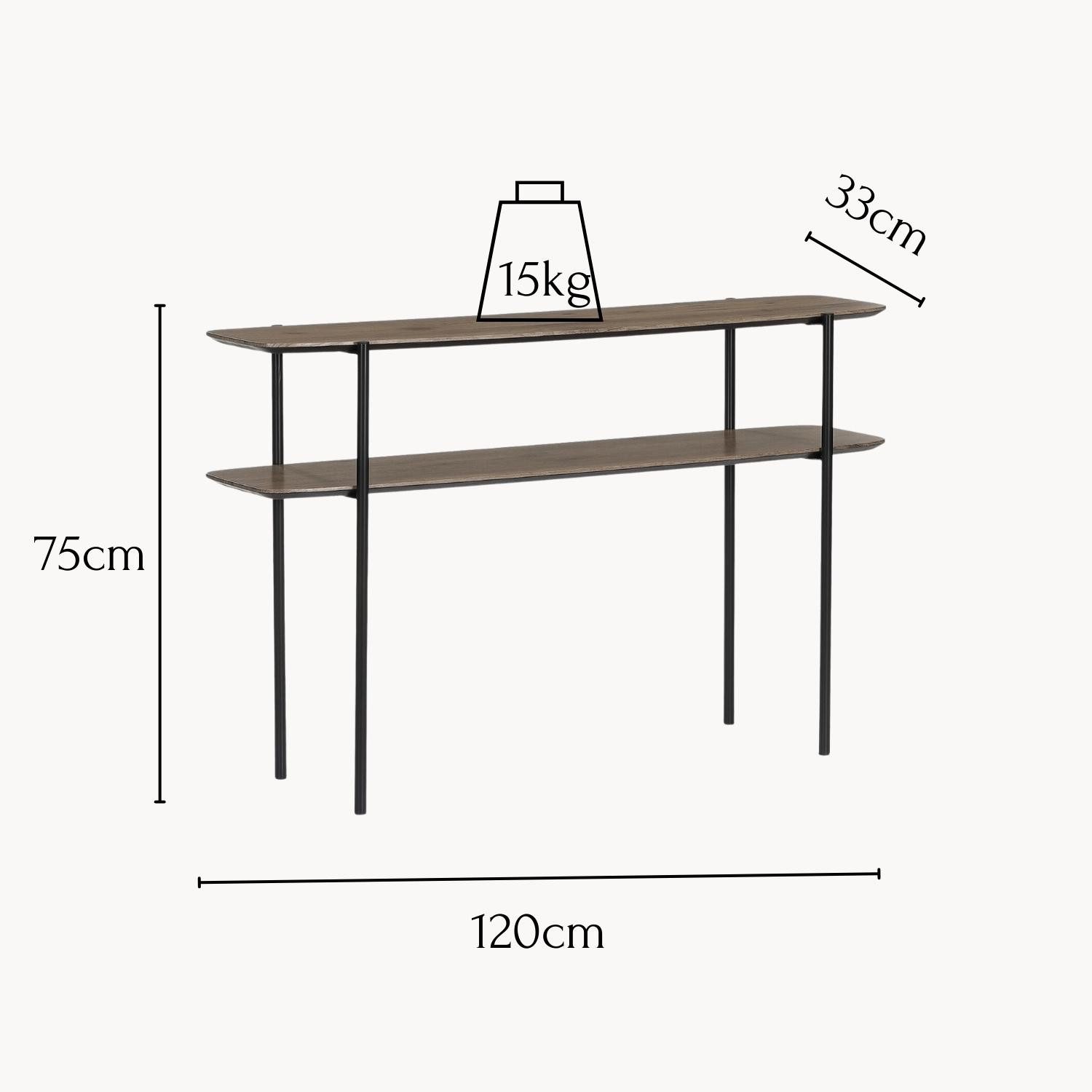 Wohnando Couchtisch Konsolentisch "Alexandros", 120x33x75 cm in Piniendekor braun, Flurtisch, schwarz Metallbeine, Ablagetisch Flur, Wohnzimmer Sideboard