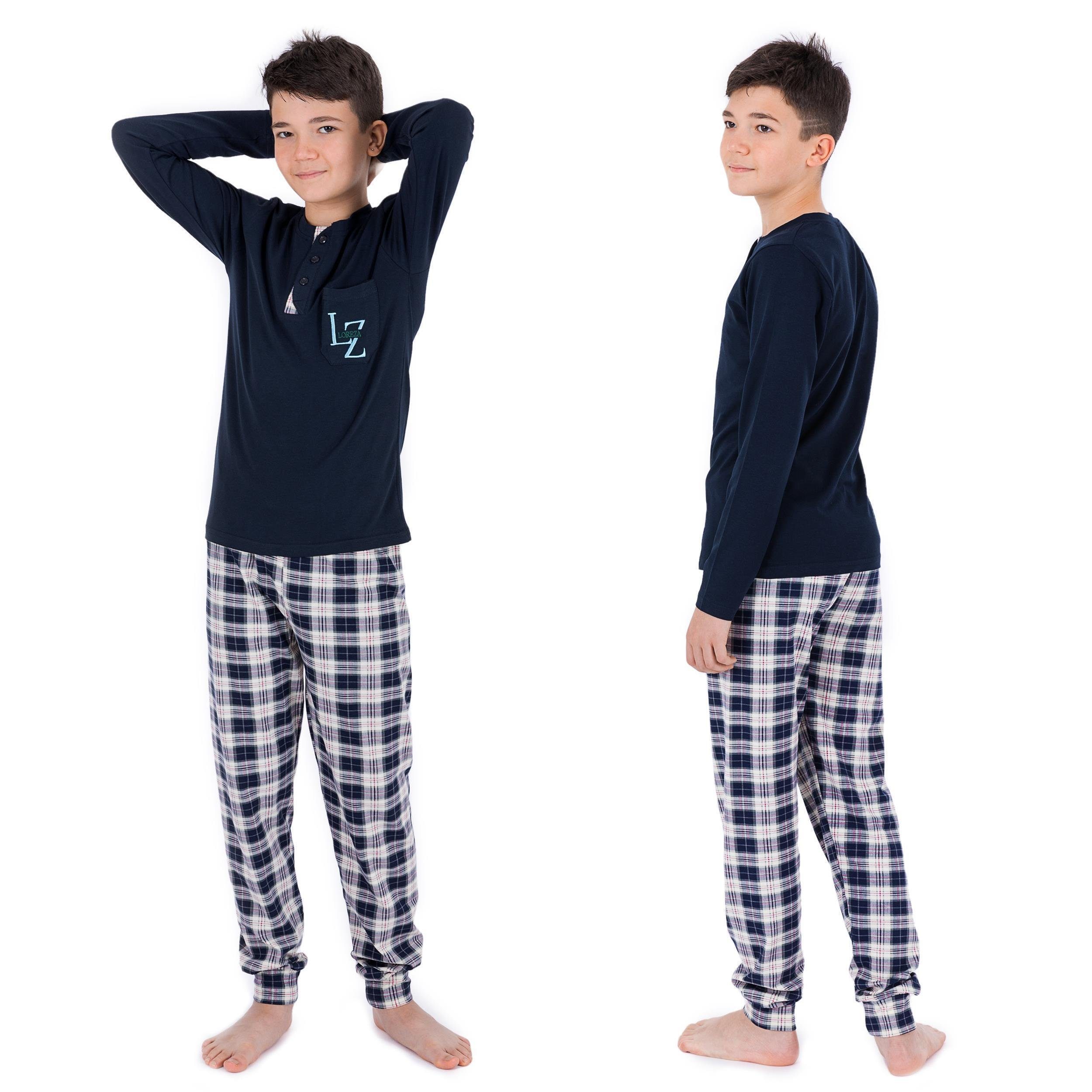 LOREZA Pyjama Jungen 2 tlg) (Set, Langarm Schlafanzug Baumwolle aus zweiteiliger kariert Dunkelblau
