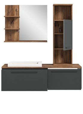 Furn.Design Badmöbel-Set Ramon, (Badezimmer in grau mit Eiche, 4-St., Komplett-Set), mit Soft-Close, inklusive Waschbecken