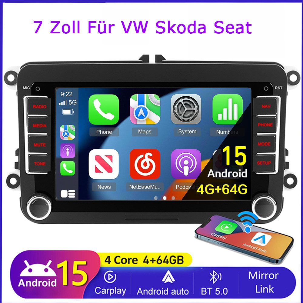 A-Sure 7 Zoll 4+64G Bluetooth FM Carplay Für VW Caddy Skoda Fabia Seat Altea Autoradio (Digitalradio (DAB), FM, RDS, DSP, Apple Carplay, Siri, Mirrorlink, Google play, Netflix, Youtube, Calendar, TikTok)
