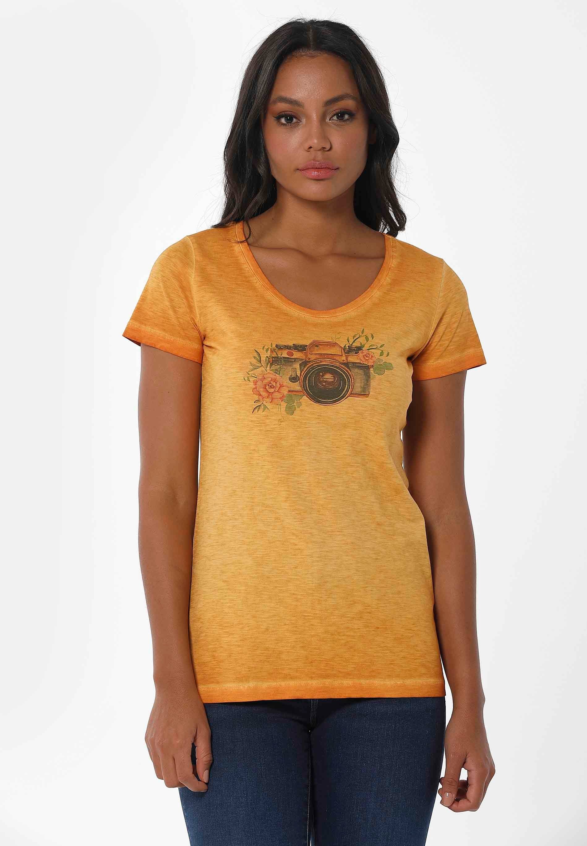 ORGANICATION T-Shirt Women's Garment-Dyed Printed T-shirt in Mango