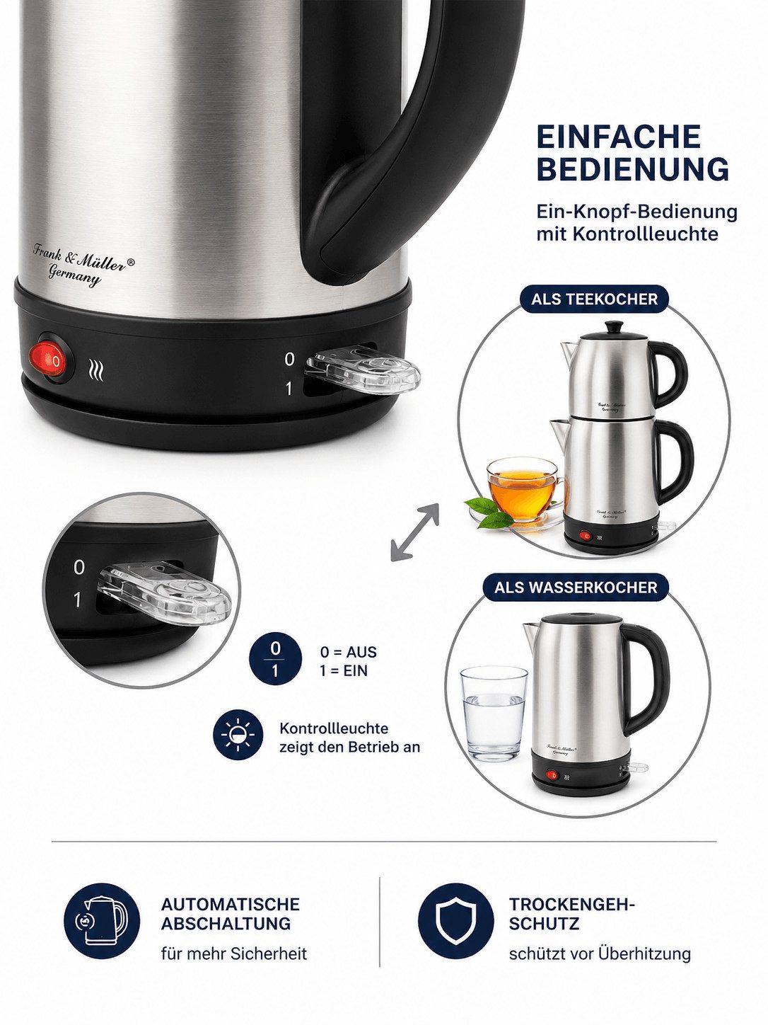 Frank & Müller Germany Teekocher F&M Elek. Teekocher 2200W Edelstahl Oval, 2200 W