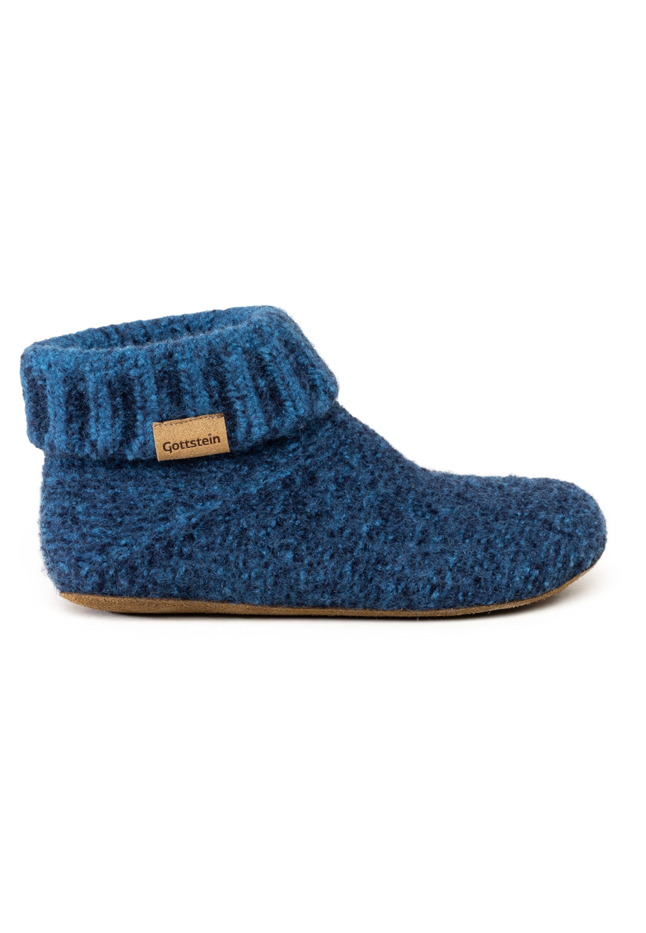 Gottstein Knit Boot Hüttenschuhe Hüttenschuh - Aus 100% Schurwolle, Sohle aus Rindsleder Blau