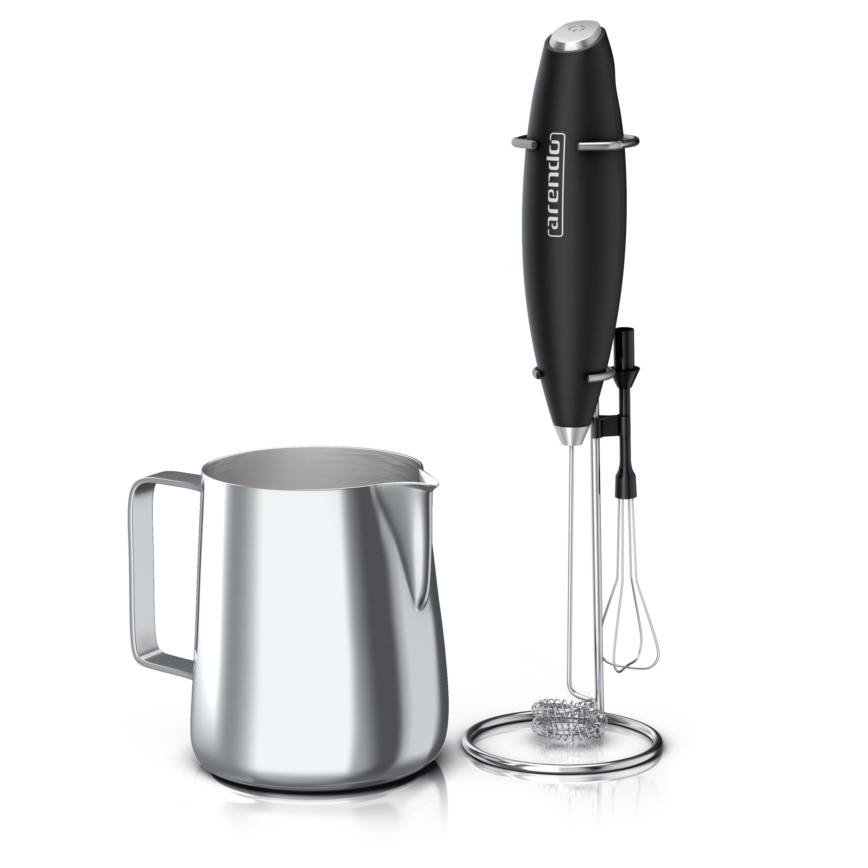 Arendo Milchkännchen mit Stab Milchaufschäumer elektrisch Handmilchaufschäumer + Milchkanne, 0,35 l, Edelstahl, 350ml mit Messskala, Schneebesen und Dual-Quirl