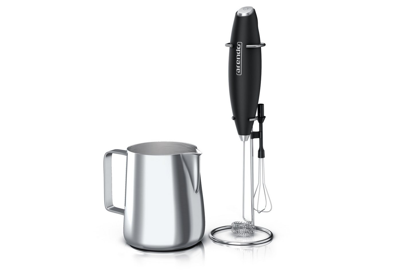Arendo Milchkännchen mit Stab Milchaufschäumer elektrisch Handmilchaufschäumer + Milchkanne, 0,35 l, (1-St), Edelstahl, 350ml mit Messskala, Schneebesen und Dual-Quirl