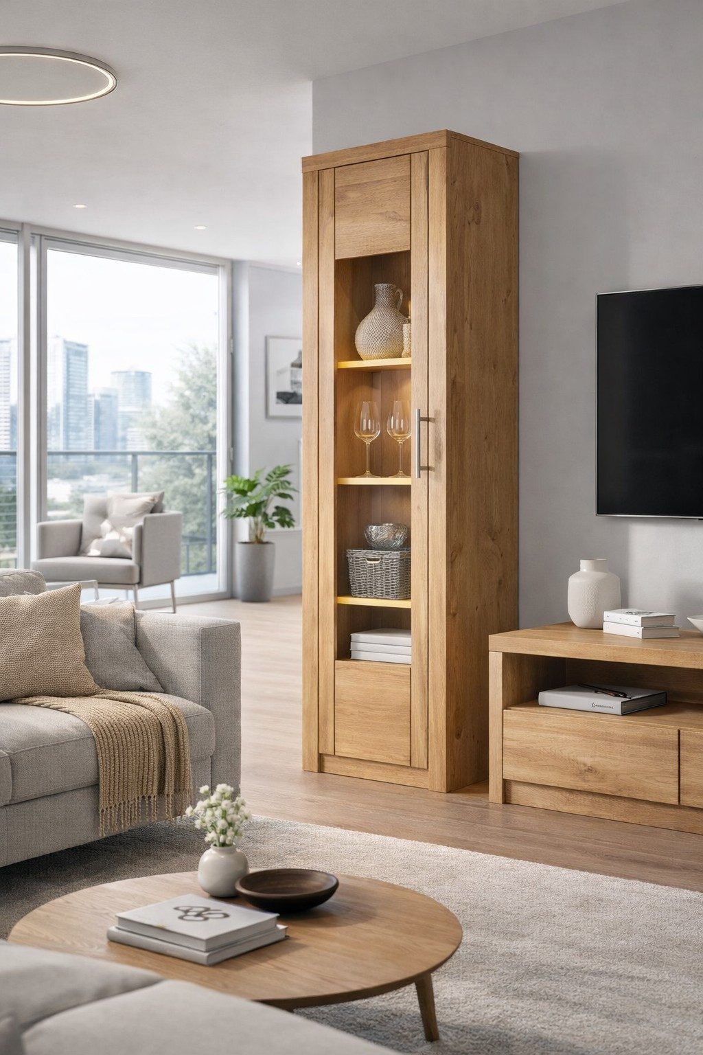 bv-vertrieb Vitrine Vitrine Schrank Vitrinenschrank Standregal Wildeiche teilmassiv