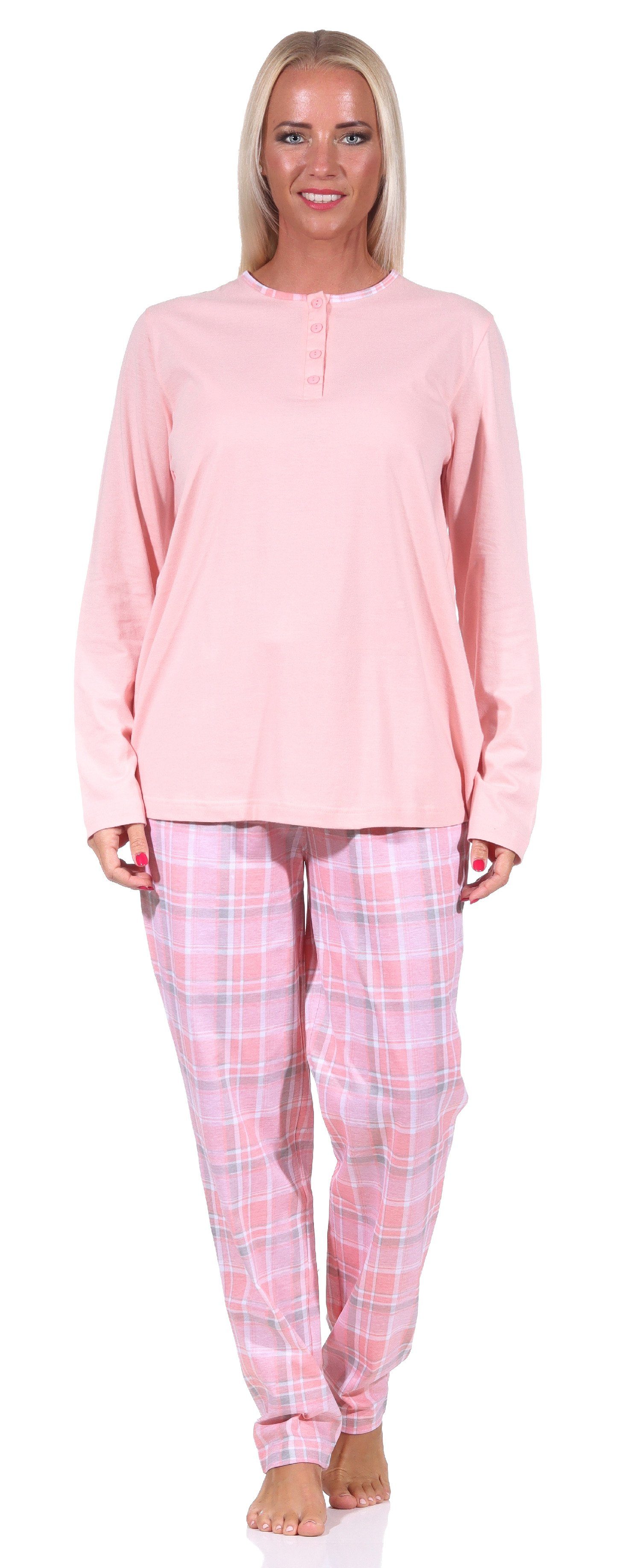 Normann Pyjama Damen Pyjama langarm Schlafanzug mit Karohose und Knopfleiste am Hals rosa