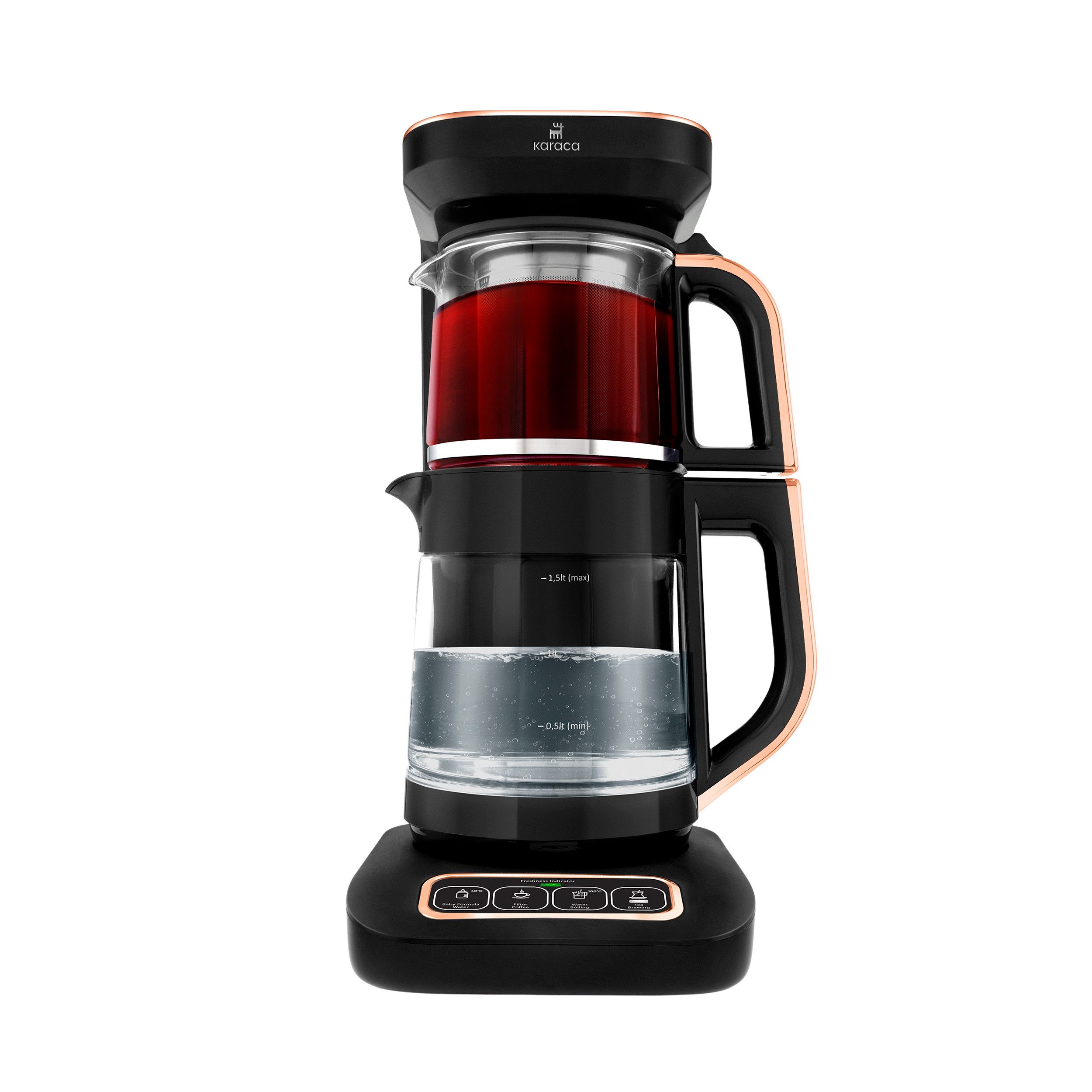 Karaca Wasserkocher Karaca Robotea Pro 4in1 Teekocher + Kaffeemaschine,Glas Schwarz Kupfer, 2500 W