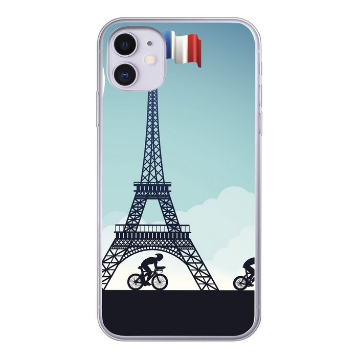 MuchoWow Handyhülle Eine Illustration von Radfahrern die am Eiffelturm vorbeifahren Handyhülle Apple iPhone 11 Smartphone-Bumper Print Handy