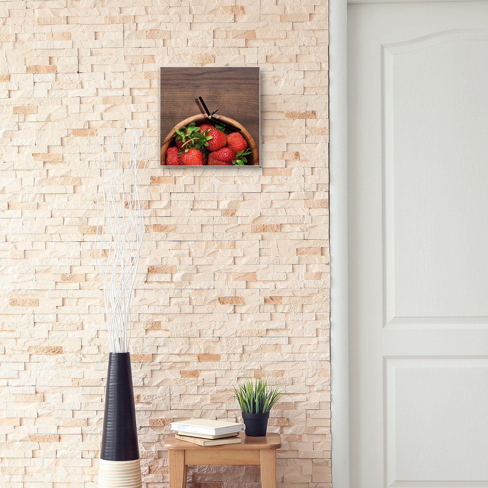 Holzschüssel 30 Wandkunst Primedeco 30 mit x Wanduhr Glasuhr Motiv cm Erdbeeren Größe in Wanduhr