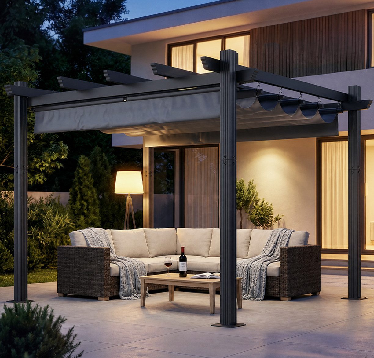 GUNJI Pergola 3x3/3x4m Terrassenüberdachung, Magnetisch Befestigte Aluminium-Pergola, (180g PA-beschichtetes Polyester, UV-geschützt, geeignet für Garten, Terra – Bild 2 von 5