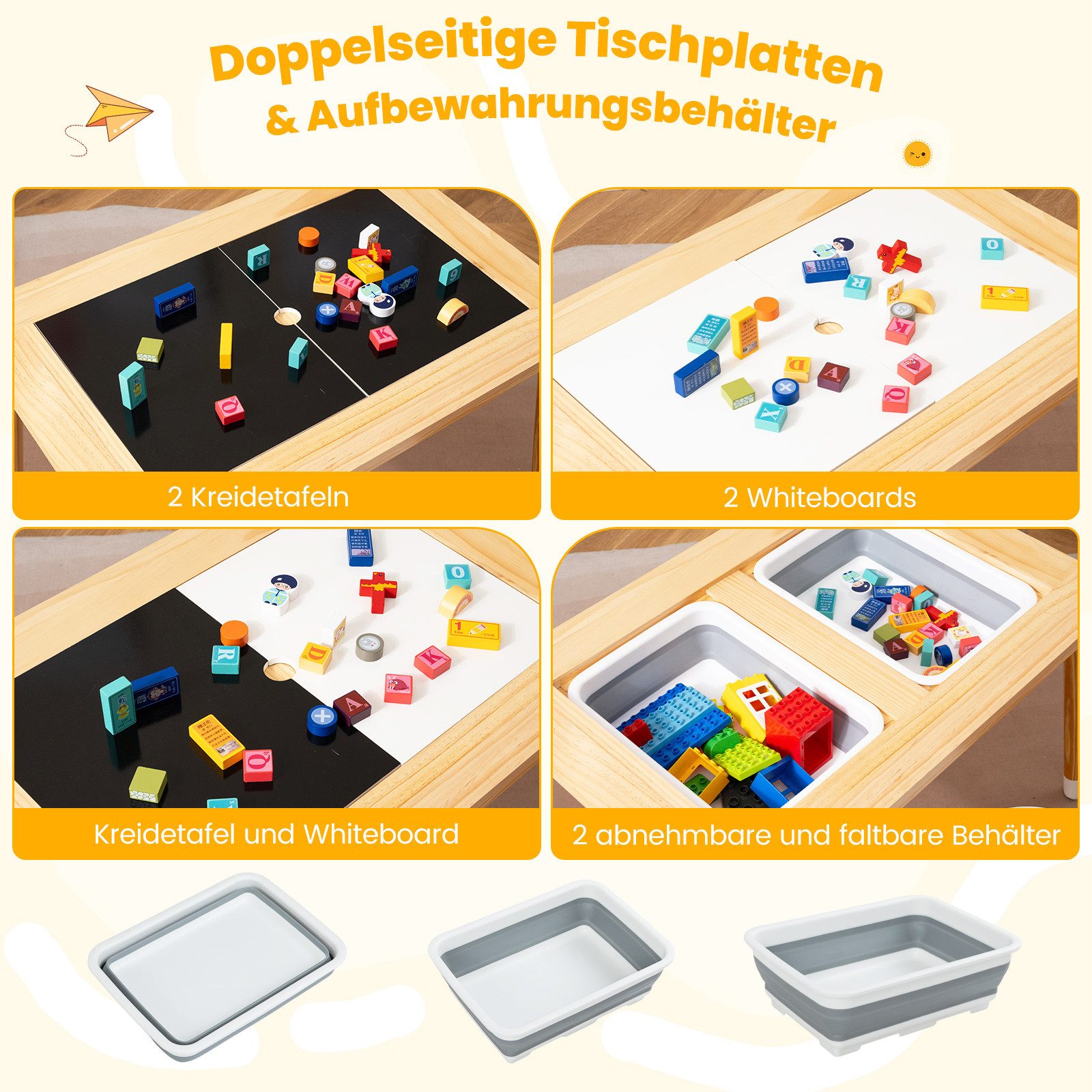 COSTWAY Kindersitzgruppe, (3-tlg), Spieltisch mit 2 Hockern & 2 Behältern
