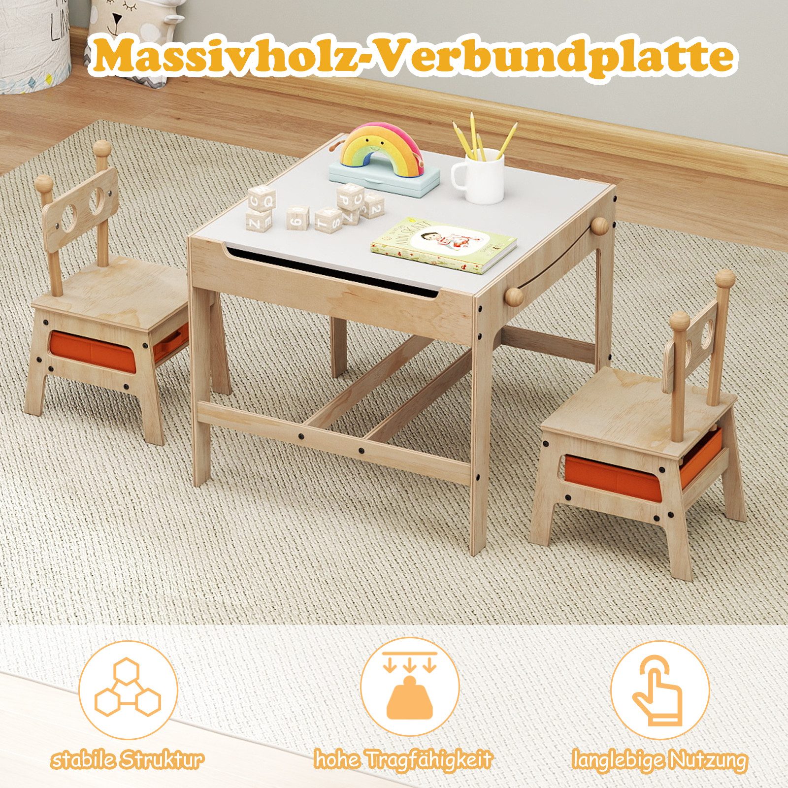 COSTWAY Children's Seating Set, Children's Table with 2 Chairs, 4-in-1 Activity Table