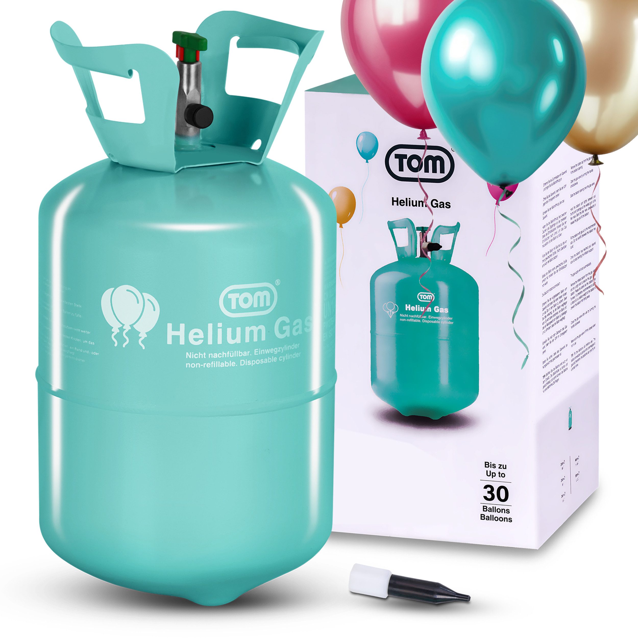 TOM Гелий für Ballons mit 100m Schnur und Einfülldüse, 7 Liter, Europa, Fülldruck 40 bar bei 15 °C