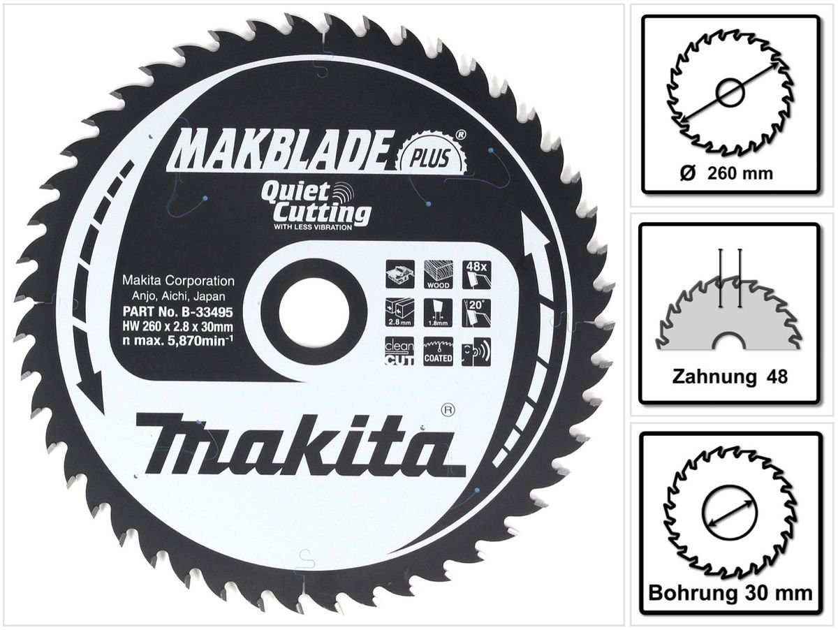 Makita Kreissägeblatt MAKBLADE PLUS Kreissägeblatt für Holz 260 x 30 x 2,8 mm 48 Zähne (B-